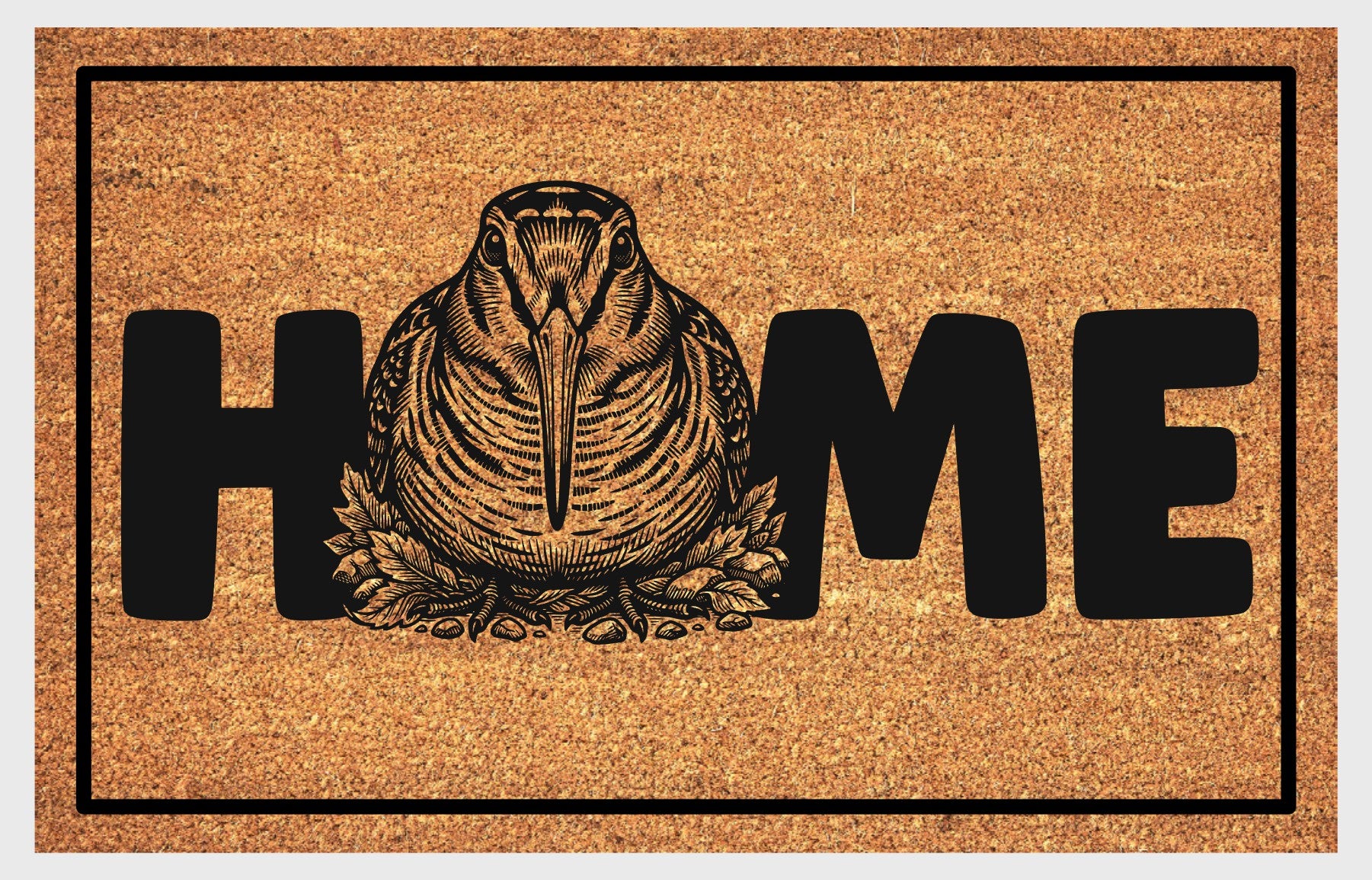 American Woodcock coir doormat — front-facing Sky Dancer full-body portrait with bill pointing forward replaces the letter O in HOME, natural coir fiber