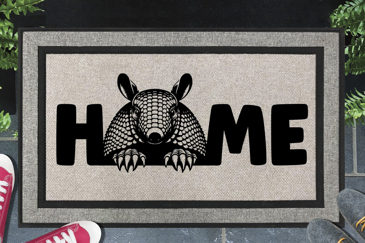 Armadillo doormat — Nine-Banded Armadillo O-replacement design on linen-look woven polyester, shown flat