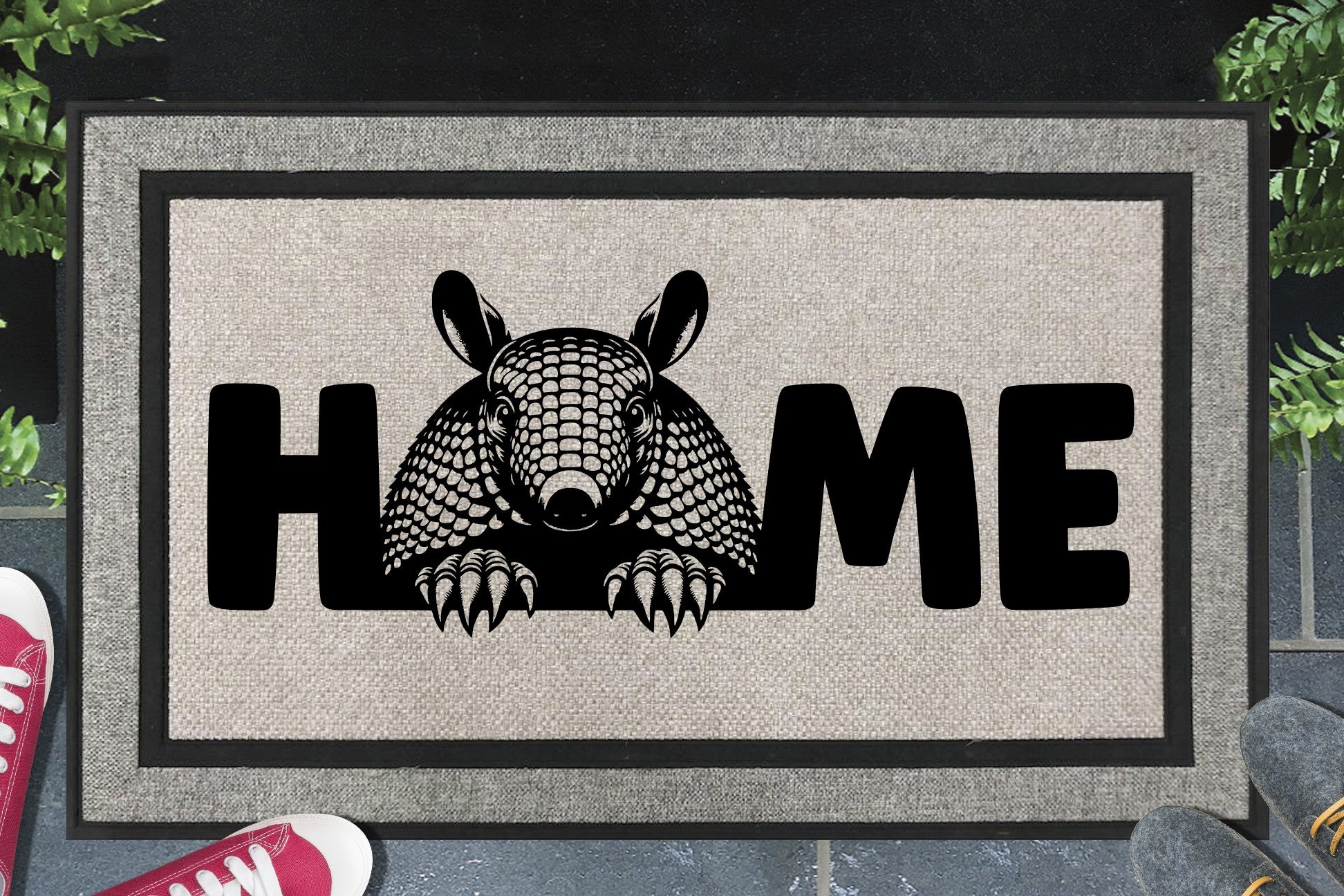 Armadillo doormat — Nine-Banded Armadillo O-replacement design on linen-look woven polyester, shown flat