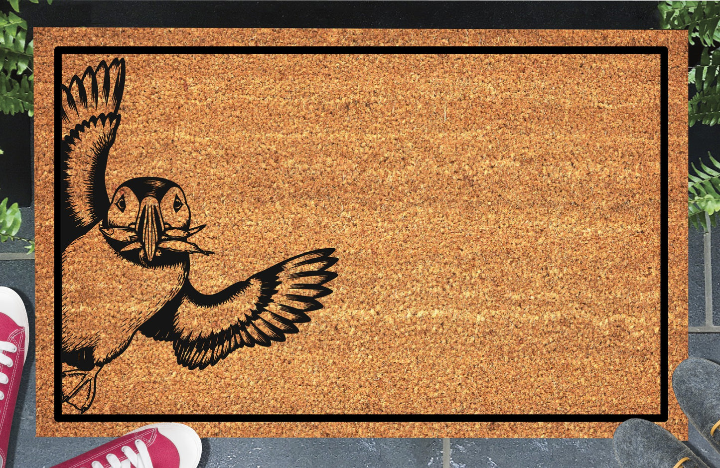Atlantic Puffin doormat in a doorway — scenic illustration of Atlantic Puffin in flight, wings spread wide, on natural coir