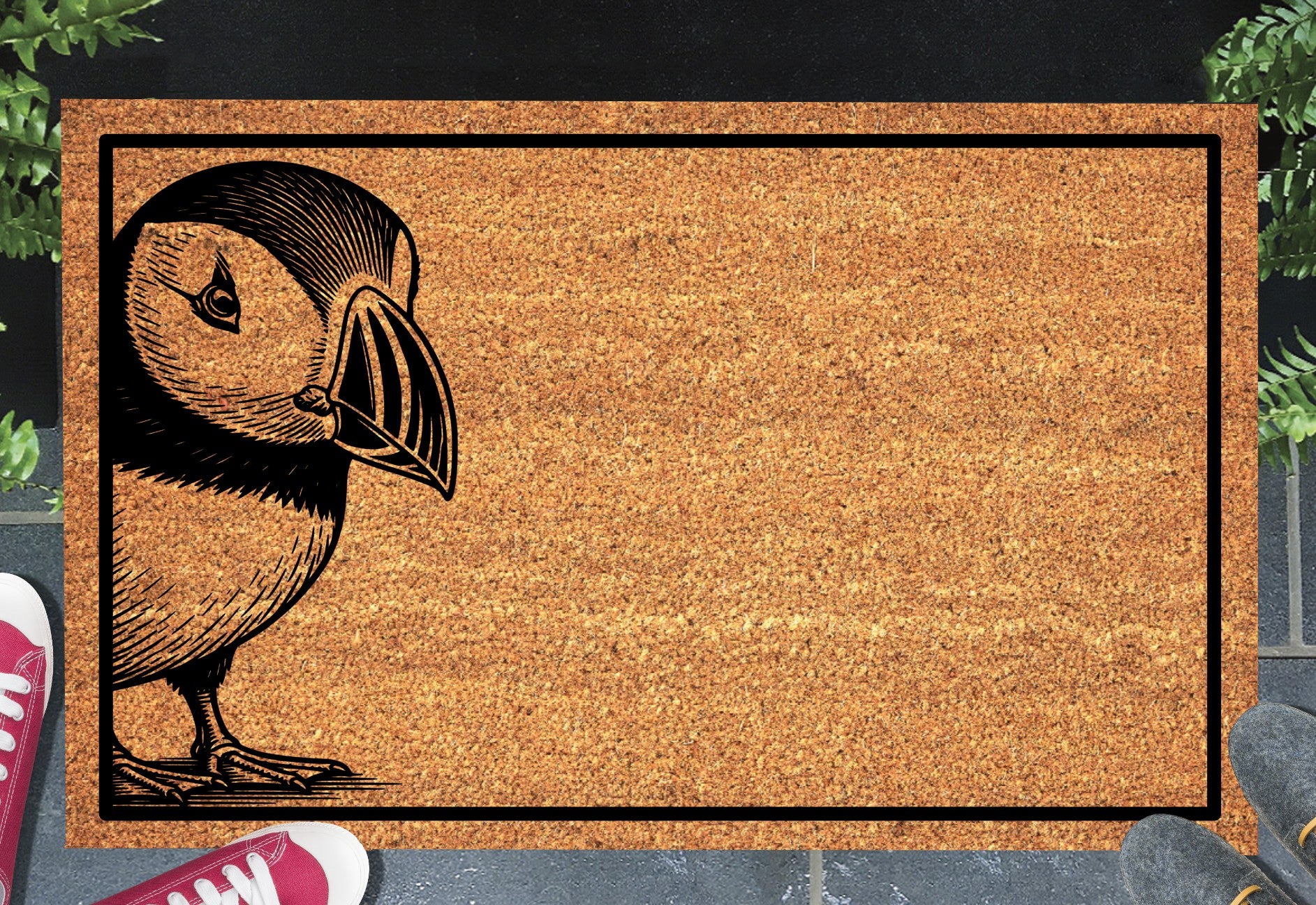 Atlantic Puffin coir doormat — Puffin landing illustration on natural coconut fiber, non-slip backing