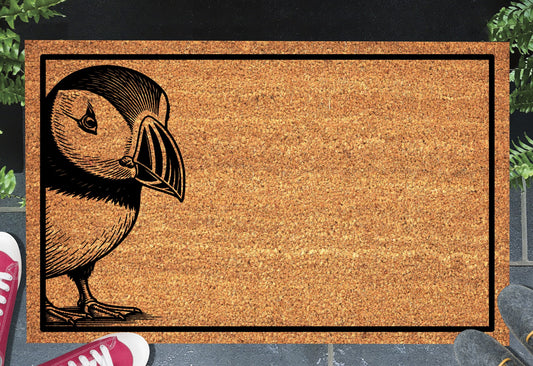 Atlantic Puffin coir doormat — Puffin landing illustration on natural coconut fiber, non-slip backing