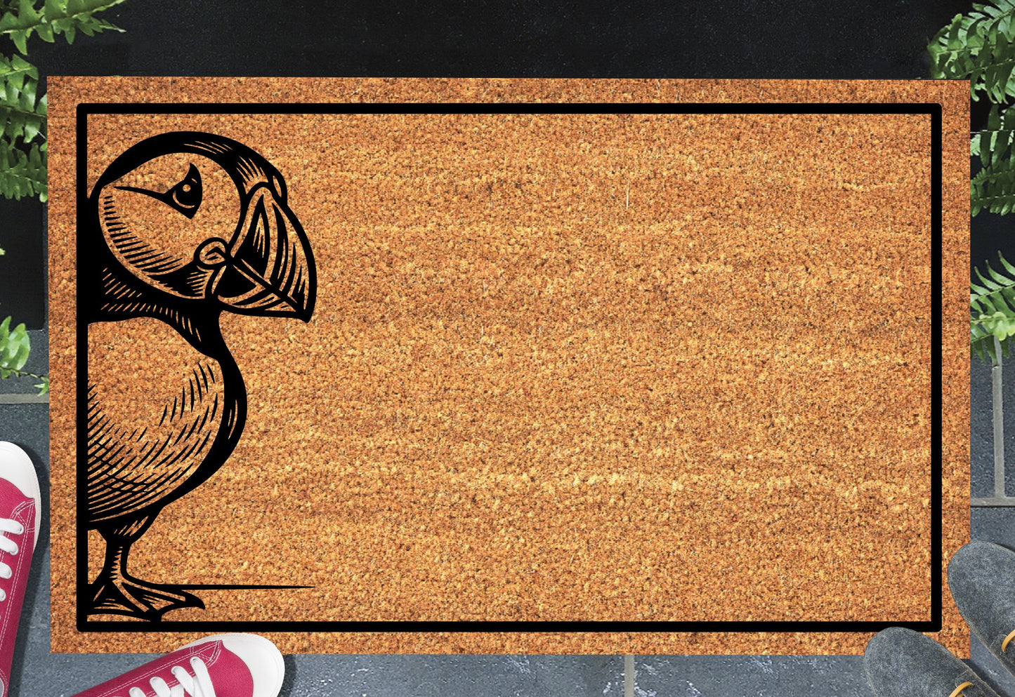 Atlantic Puffin coir doormat — Penguin of the North upright portrait on natural coconut fiber, non-slip backing