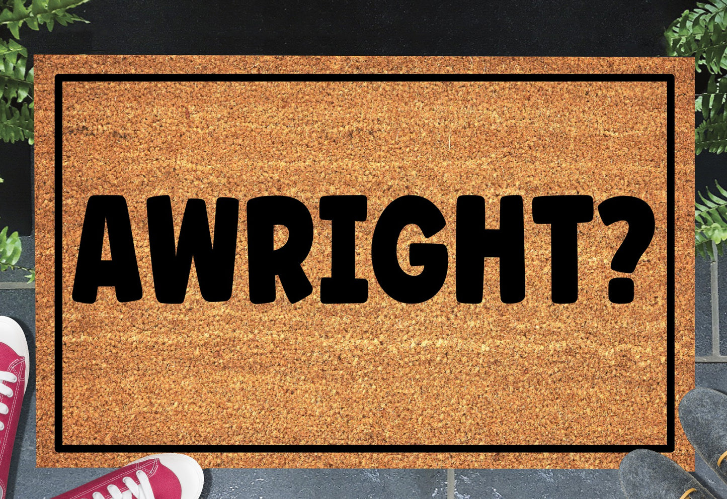 Awright? doormat with bold British greeting design displayed at a front door entryway — available in 16x24, 18x30, and 24x36 inches