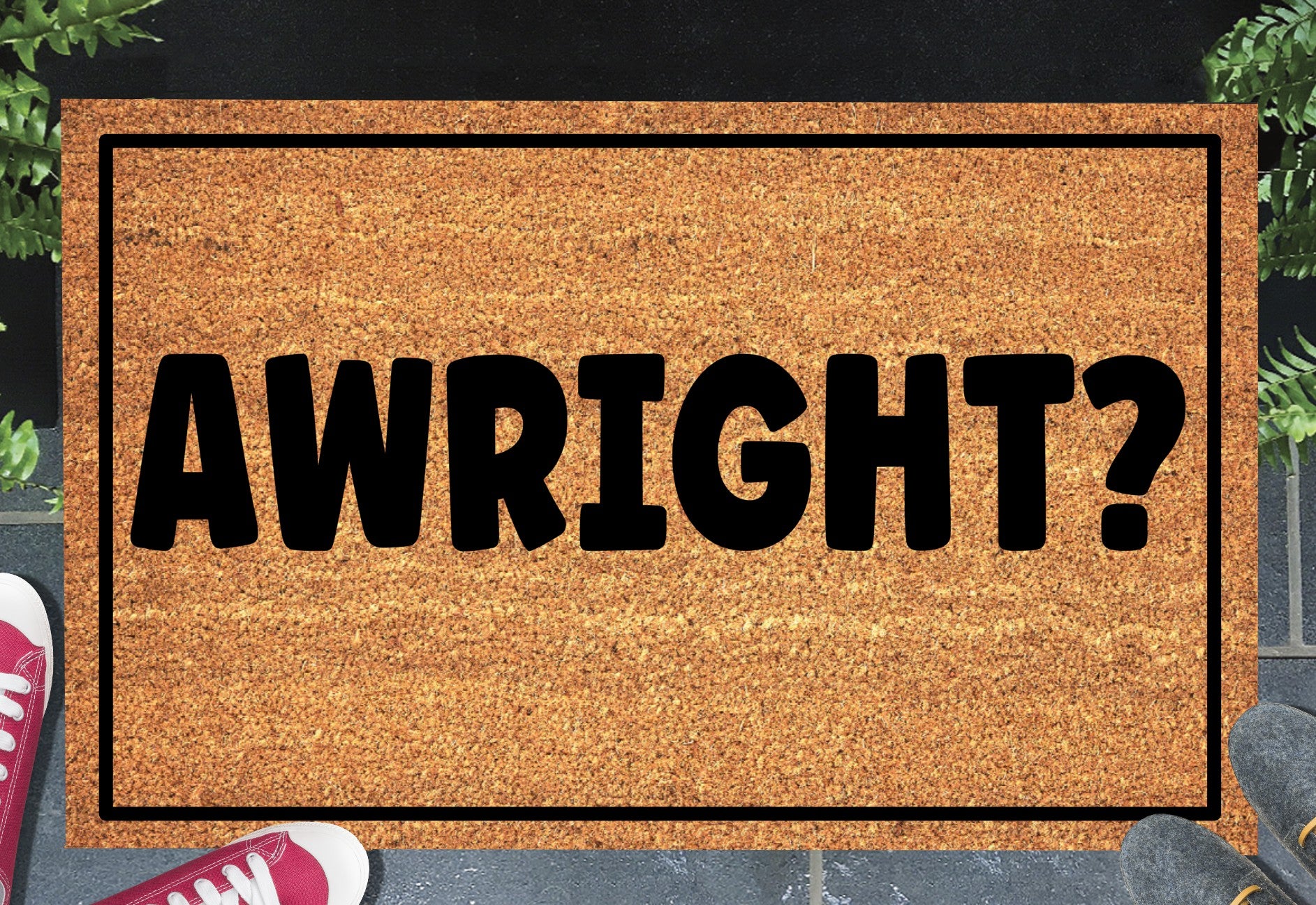 Awright? doormat with bold British greeting design displayed at a front door entryway — available in 16x24, 18x30, and 24x36 inches