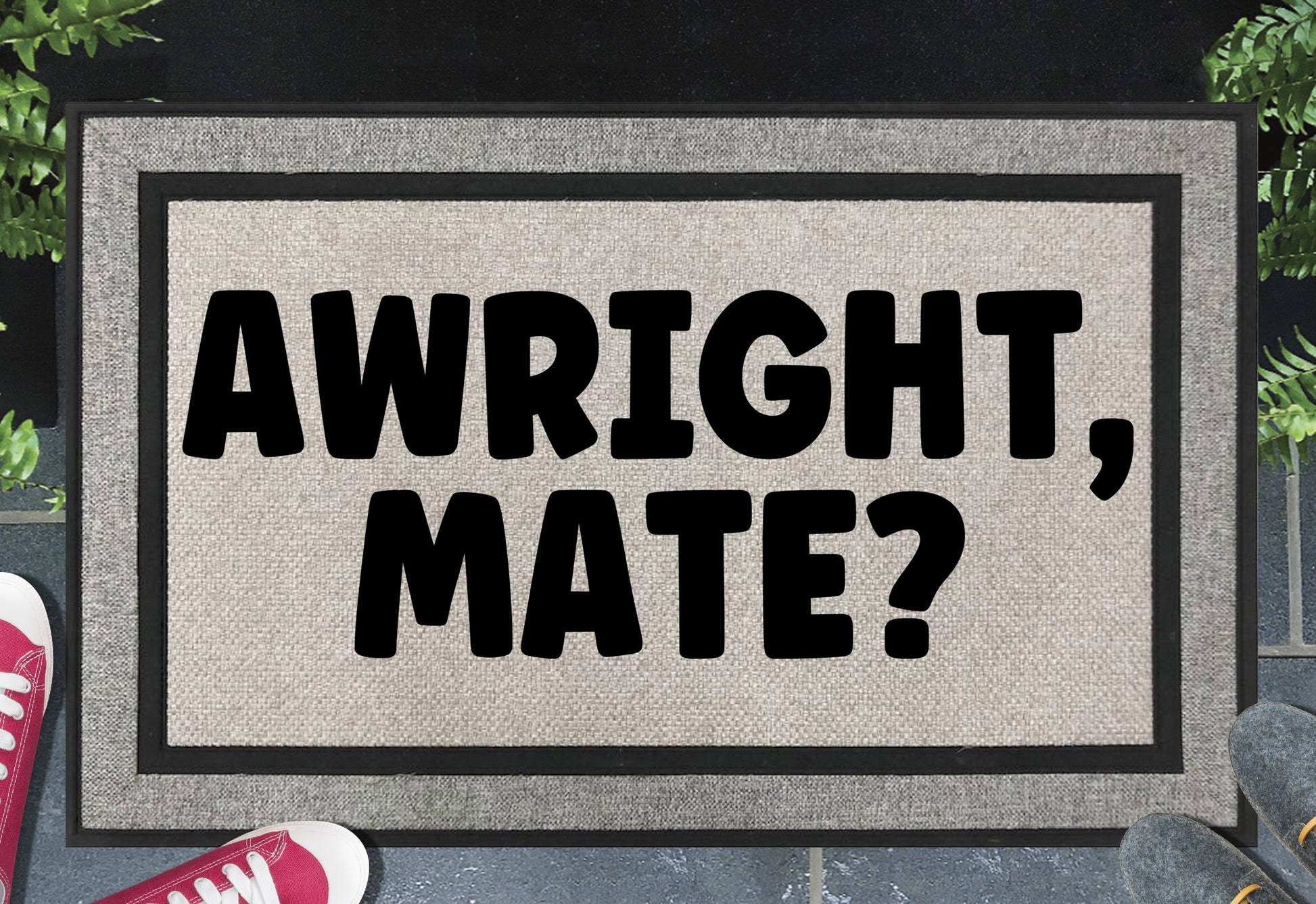 Awright, Mate Doormat #1 — All weather British welcome mat, 18x30", UV-resistant woven polyester