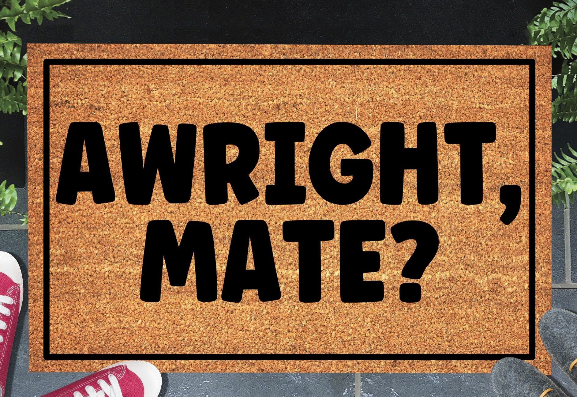 Alright, Mate? natural coir doormat with British greeting design — available in 16x24, 18x30, and 24x36 inches
