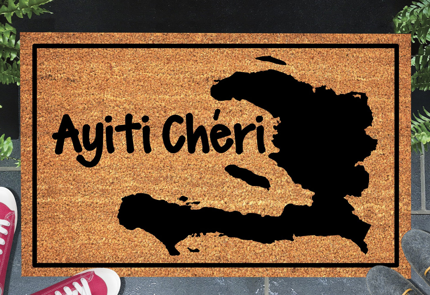 Ayiti Cheri Haitian Creole doormat in a doorway setting — natural coir welcome mat
