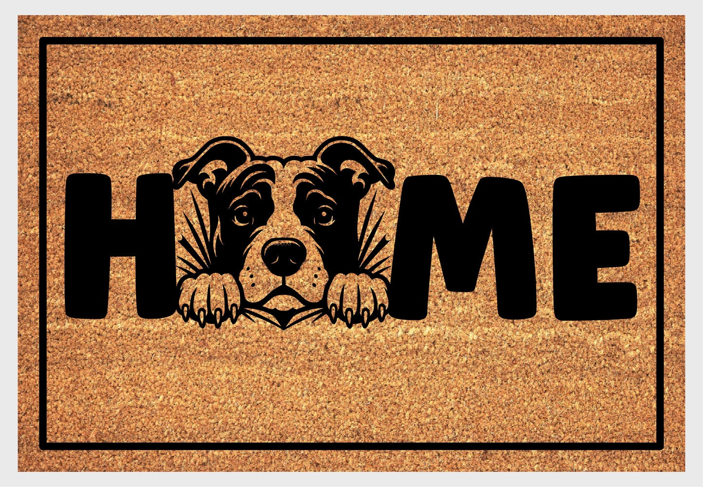 American Pit Bull Terrier coir doormat flat lay — Pittie illustration replacing the letter O in "HOME", natural coir home décor mat