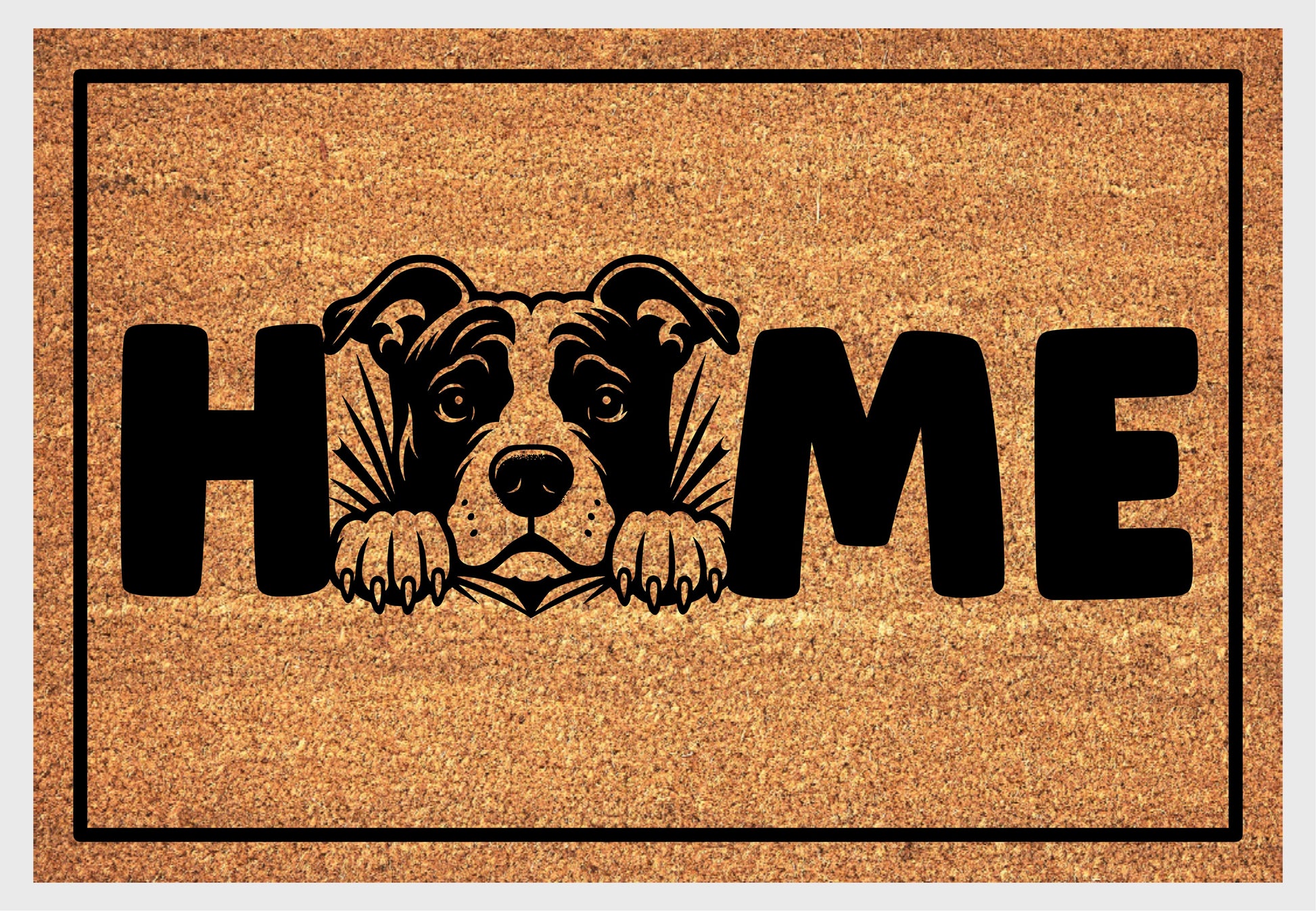 American Pit Bull Terrier coir doormat flat lay — Pittie illustration replacing the letter O in "HOME", natural coir home décor mat
