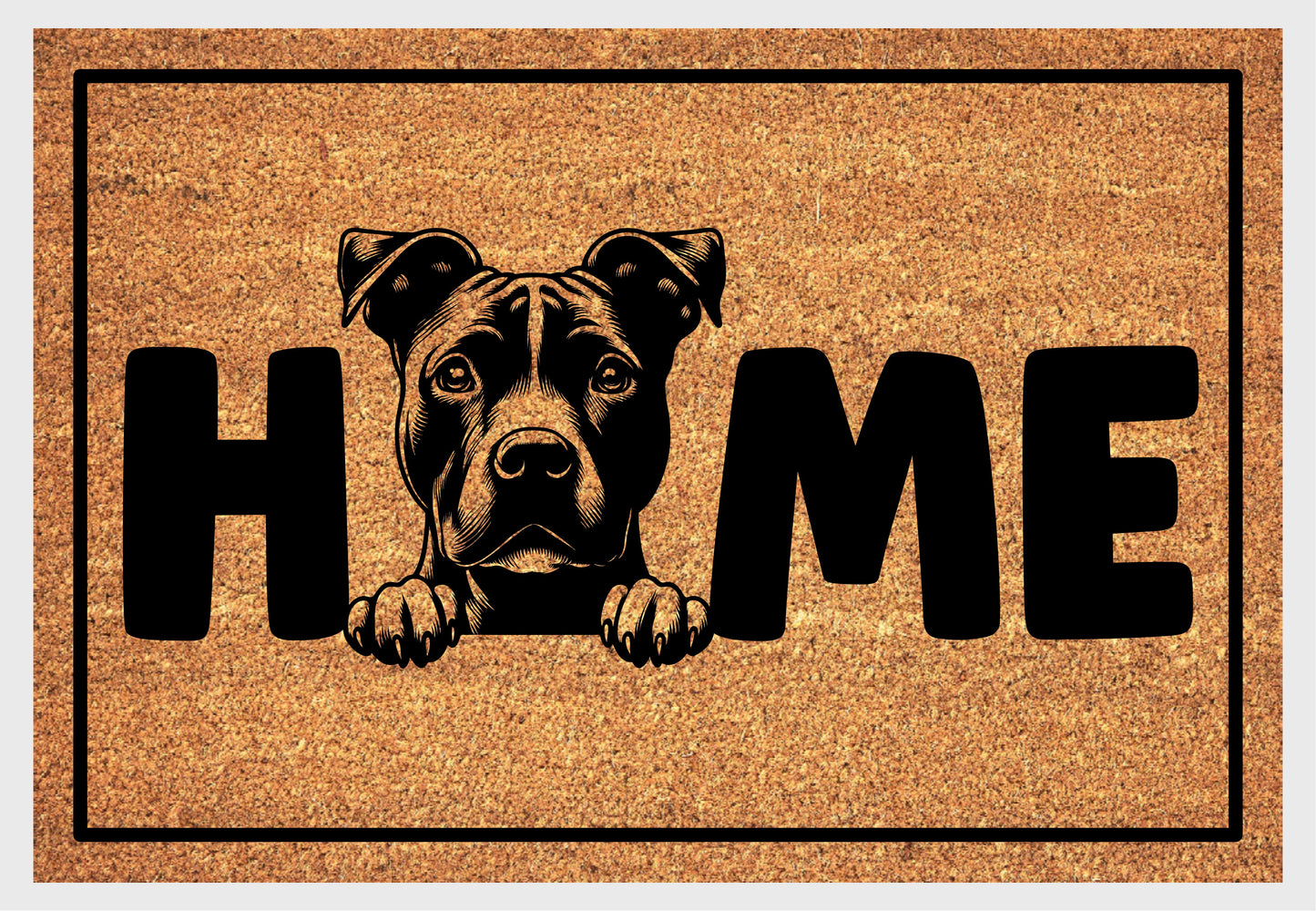 American Pit Bull Terrier coir doormat flat lay — Pittie illustration replacing the letter O in "HOME", natural coir home décor mat