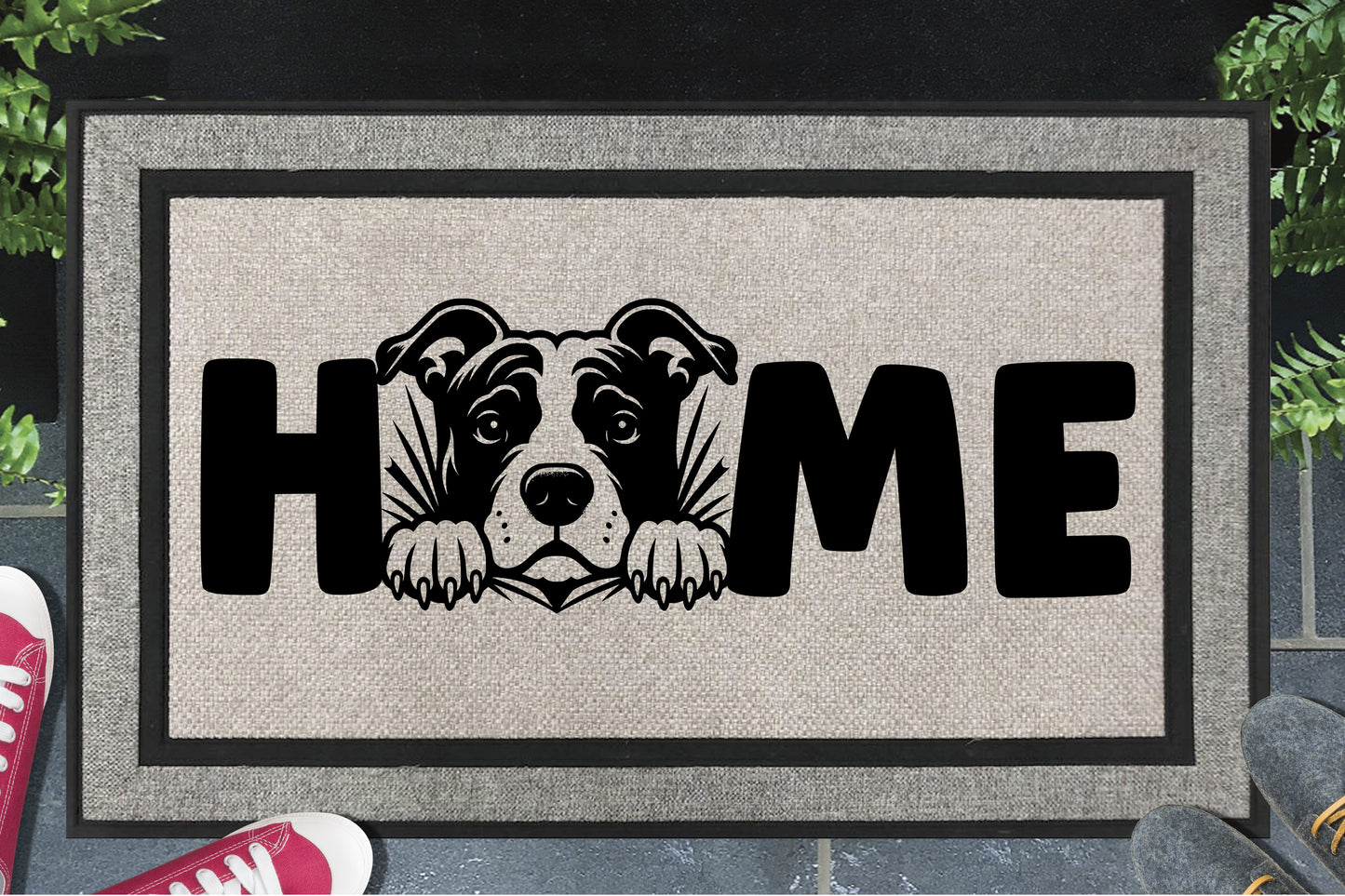 American Pit Bull Terrier doormat — Pittie illustration replaces the letter O in HOME on a woven polyester all-weather welcome mat