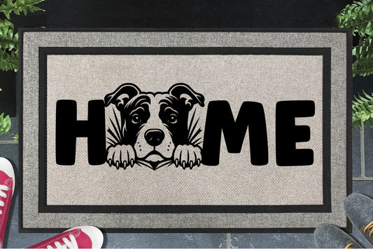 American Pit Bull Terrier doormat — Pittie illustration replaces the letter O in HOME on a woven polyester all-weather welcome mat