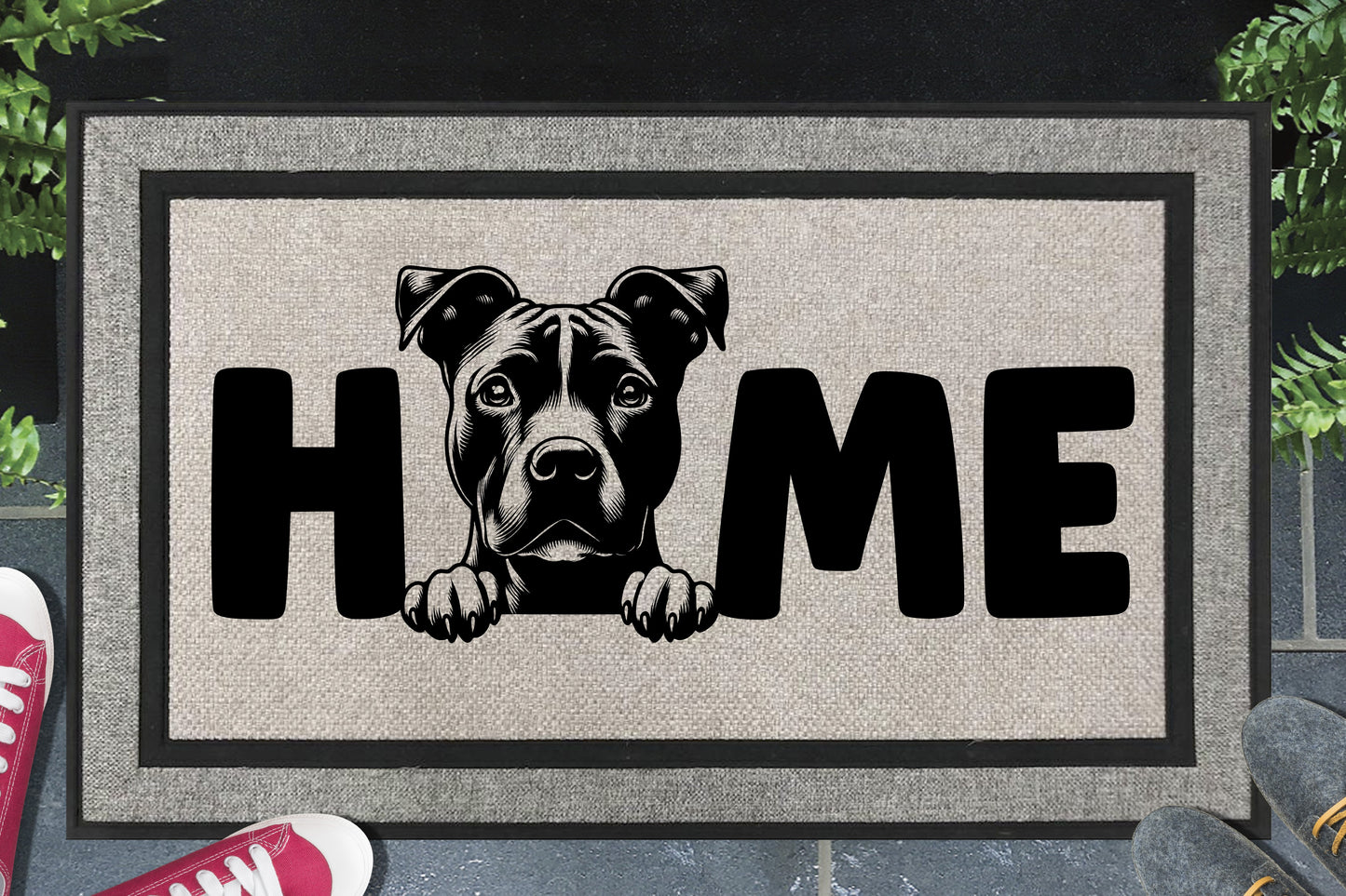 American Pit Bull Terrier doormat — Velvet Hippo Pittie illustration replaces the letter O in HOME on a woven polyester all-weather welcome mat