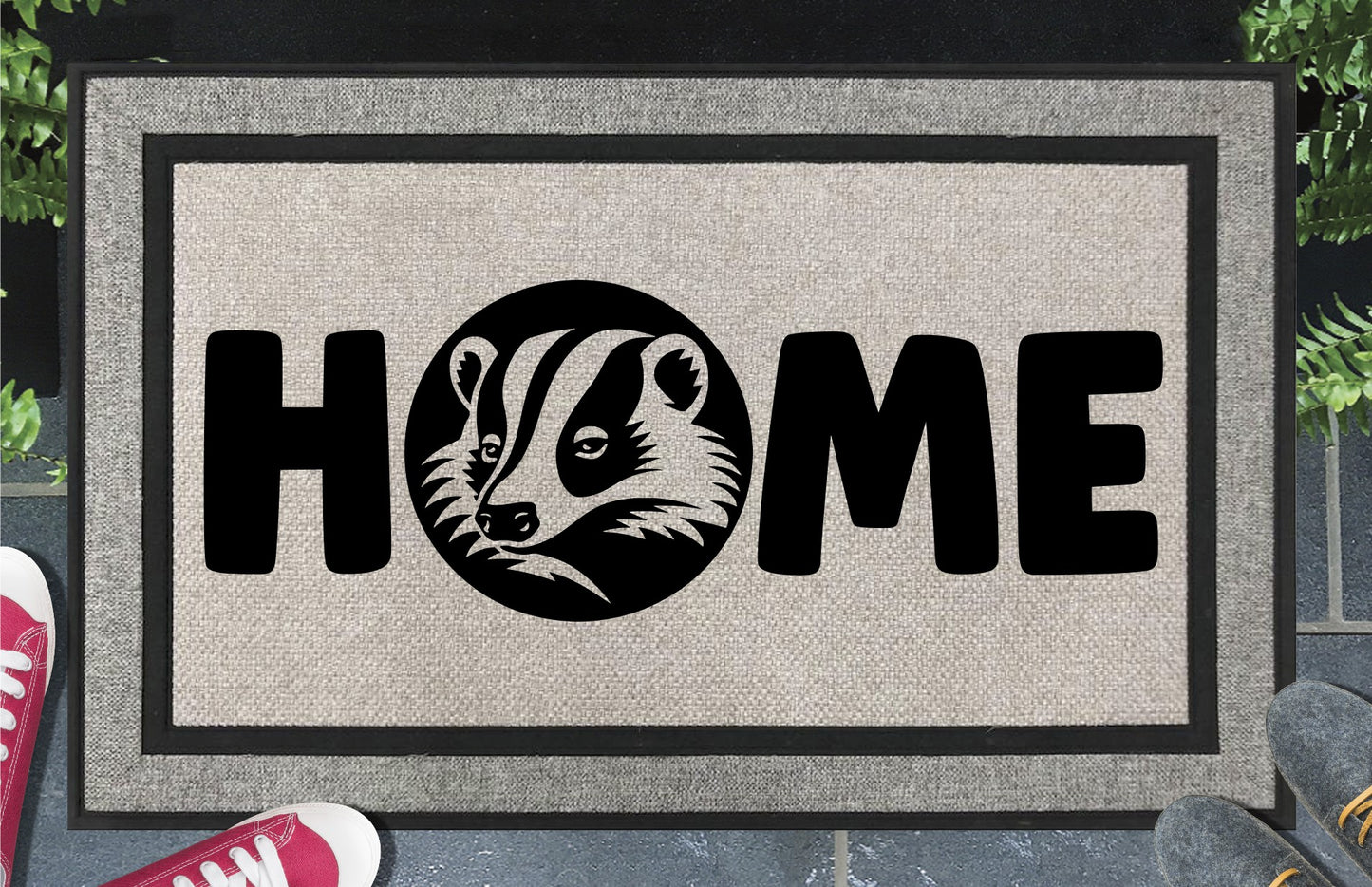 Badger all-weather doormat with HOME design — woven polyester outdoor mat featuring badger O-replacement wildlife illustration, 18x30 non-slip entryway mat