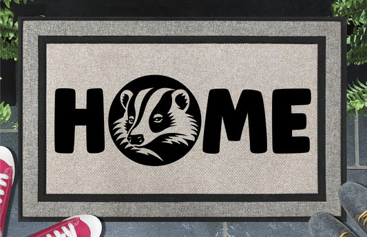 Badger all-weather doormat with HOME design — woven polyester outdoor mat featuring badger O-replacement wildlife illustration, 18x30 non-slip entryway mat