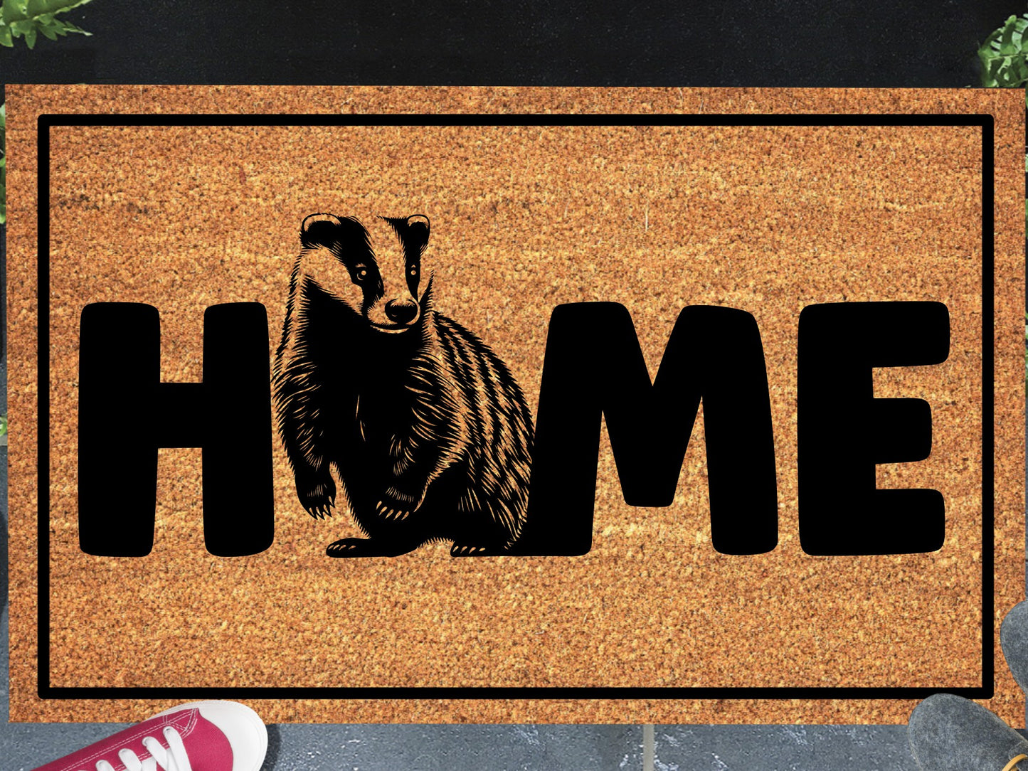  Badger coir doormat with HOME design displayed on front porch entryway — natural coir badger O-replacement welcome mat