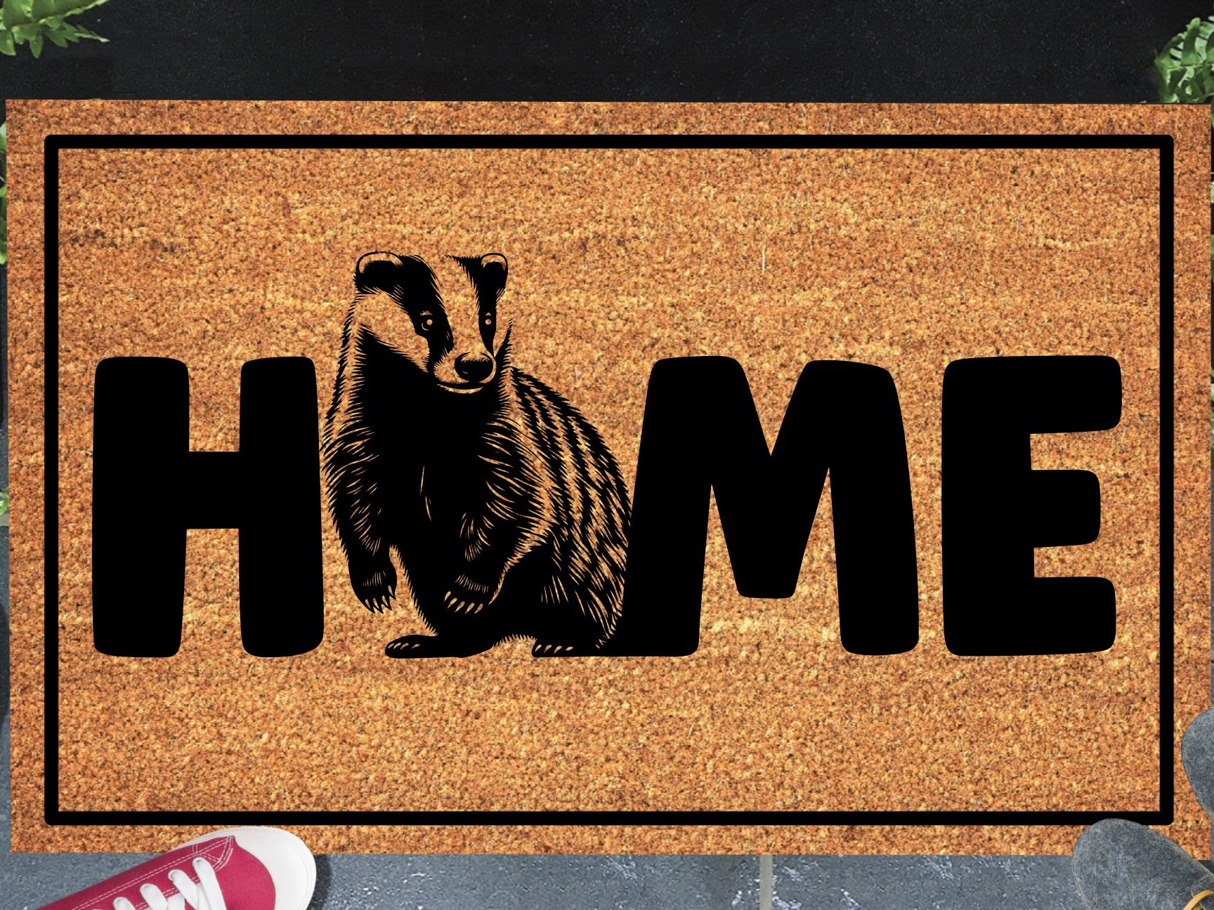  Badger coir doormat with HOME design displayed on front porch entryway — natural coir badger O-replacement welcome mat
