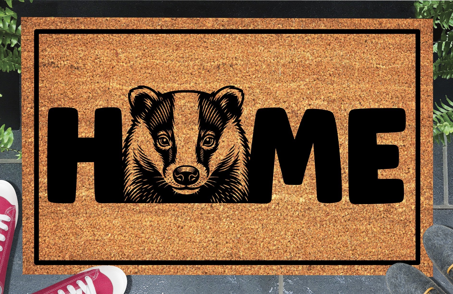 Badger coir doormat with HOME design displayed on front porch entryway — natural coir badger O-replacement welcome mat