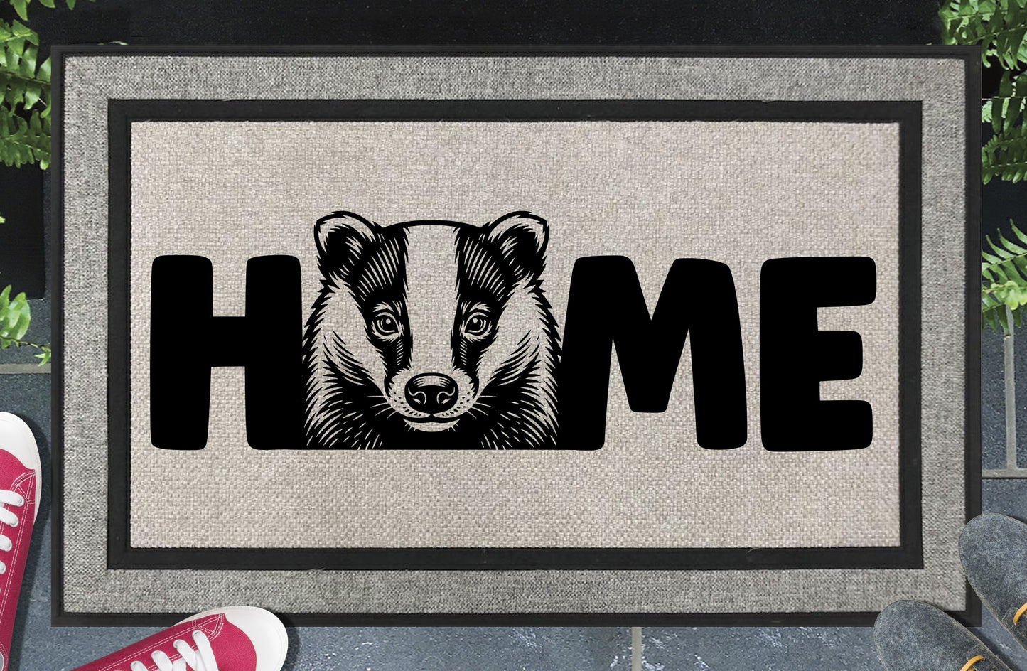 Badger all-weather doormat with HOME design — woven polyester outdoor mat featuring badger O-replacement wildlife illustration, 18x30 non-slip entryway mat