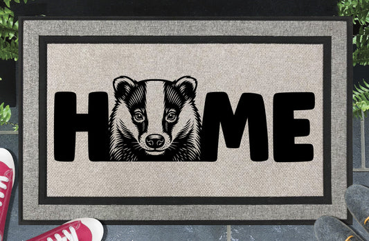 Badger all-weather doormat with HOME design — woven polyester outdoor mat featuring badger O-replacement wildlife illustration, 18x30 non-slip entryway mat