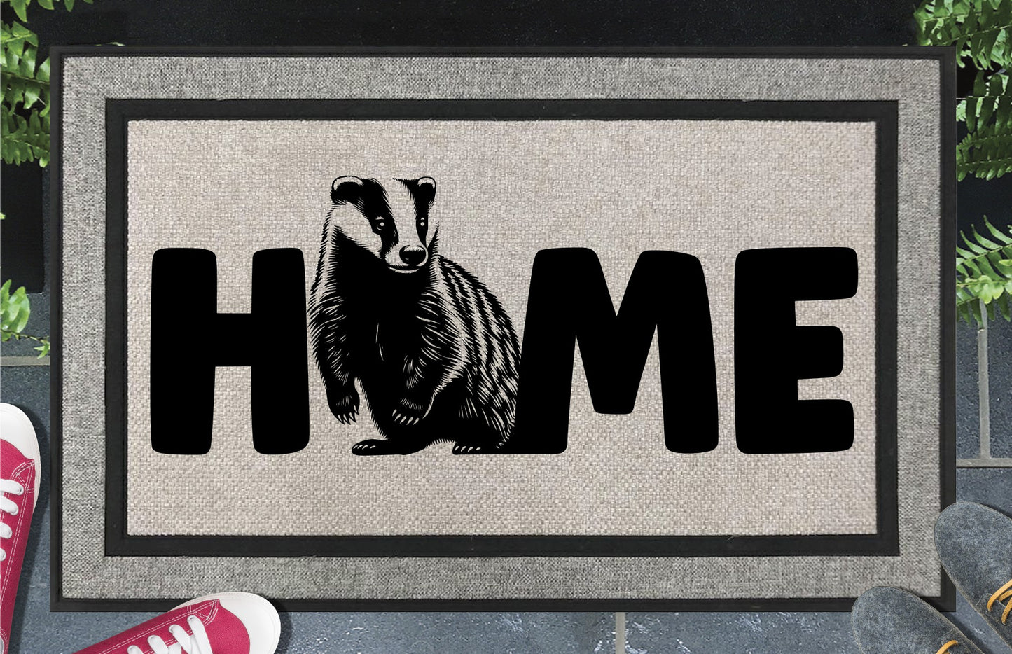 Badger all-weather doormat with HOME design — woven polyester outdoor mat featuring badger O-replacement wildlife illustration, 18x30 non-slip entryway mat
