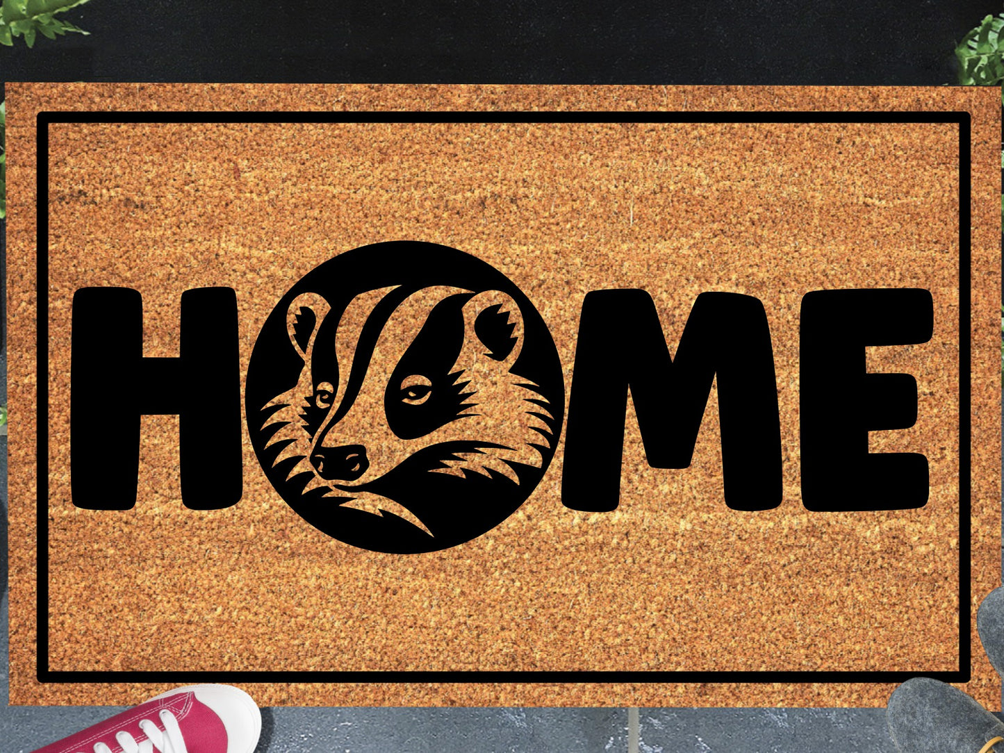 Badger coir doormat with HOME design displayed on front porch entryway — natural coir badger O-replacement welcome mat