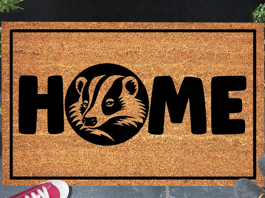 Badger coir doormat with HOME design displayed on front porch entryway — natural coir badger O-replacement welcome mat