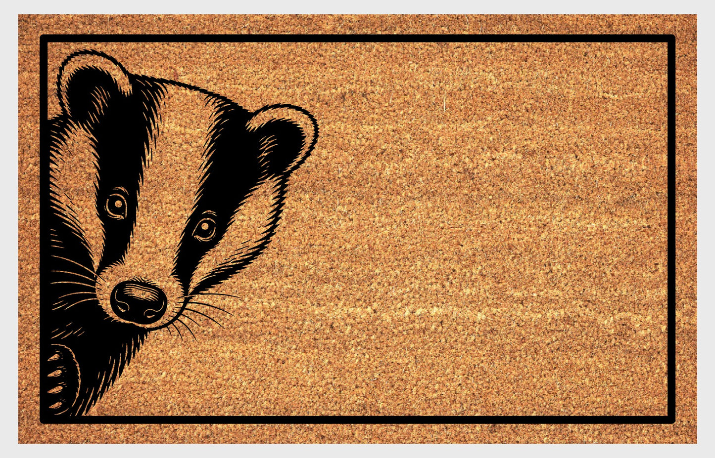 Badger peeking coir doormat flat lay on white background — natural coir mat with badger peeping design