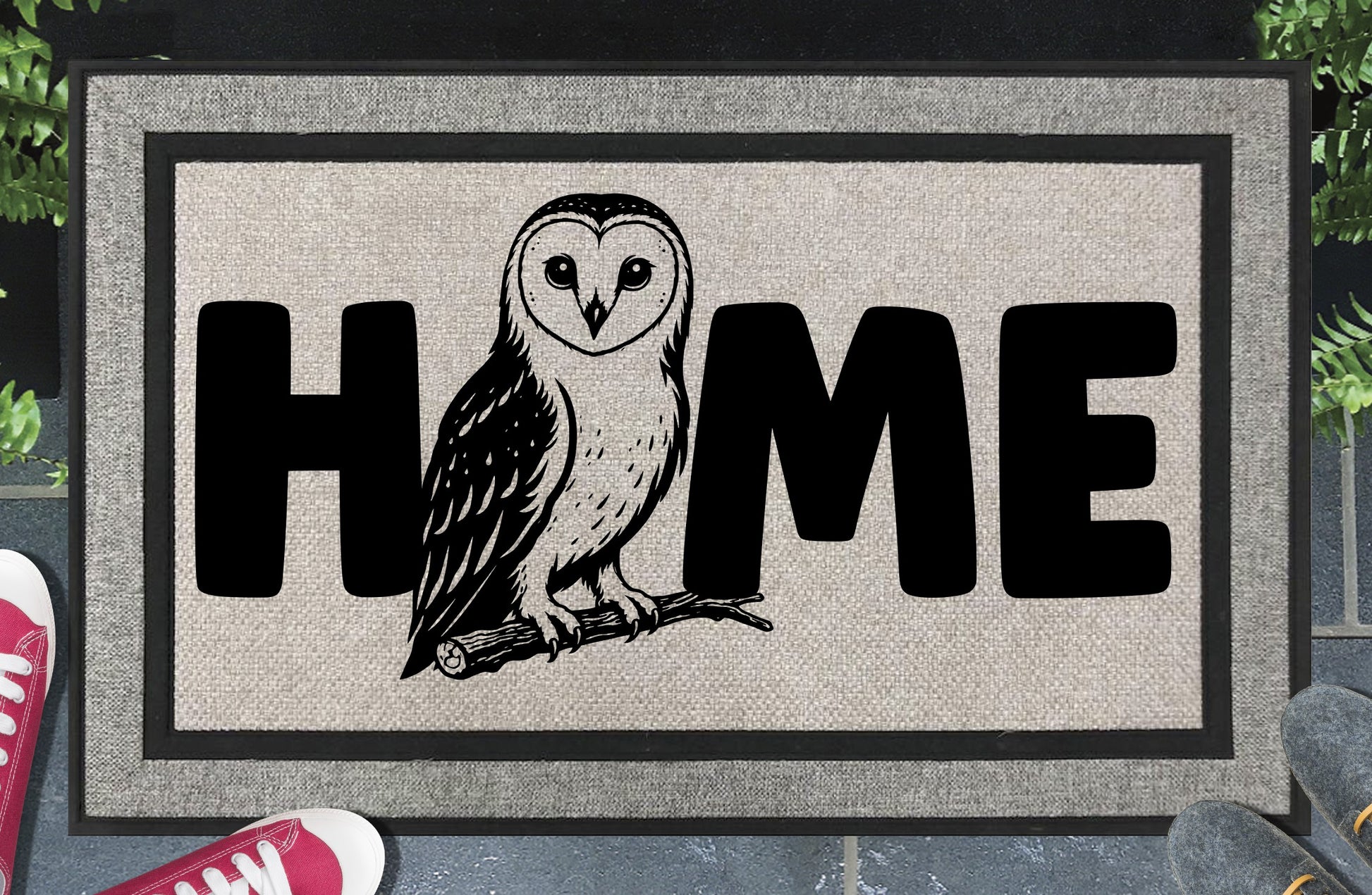Barn Owl all-weather doormat — O-replacement HOME design in woven polyester with UV-resistant print, 18x30 inches