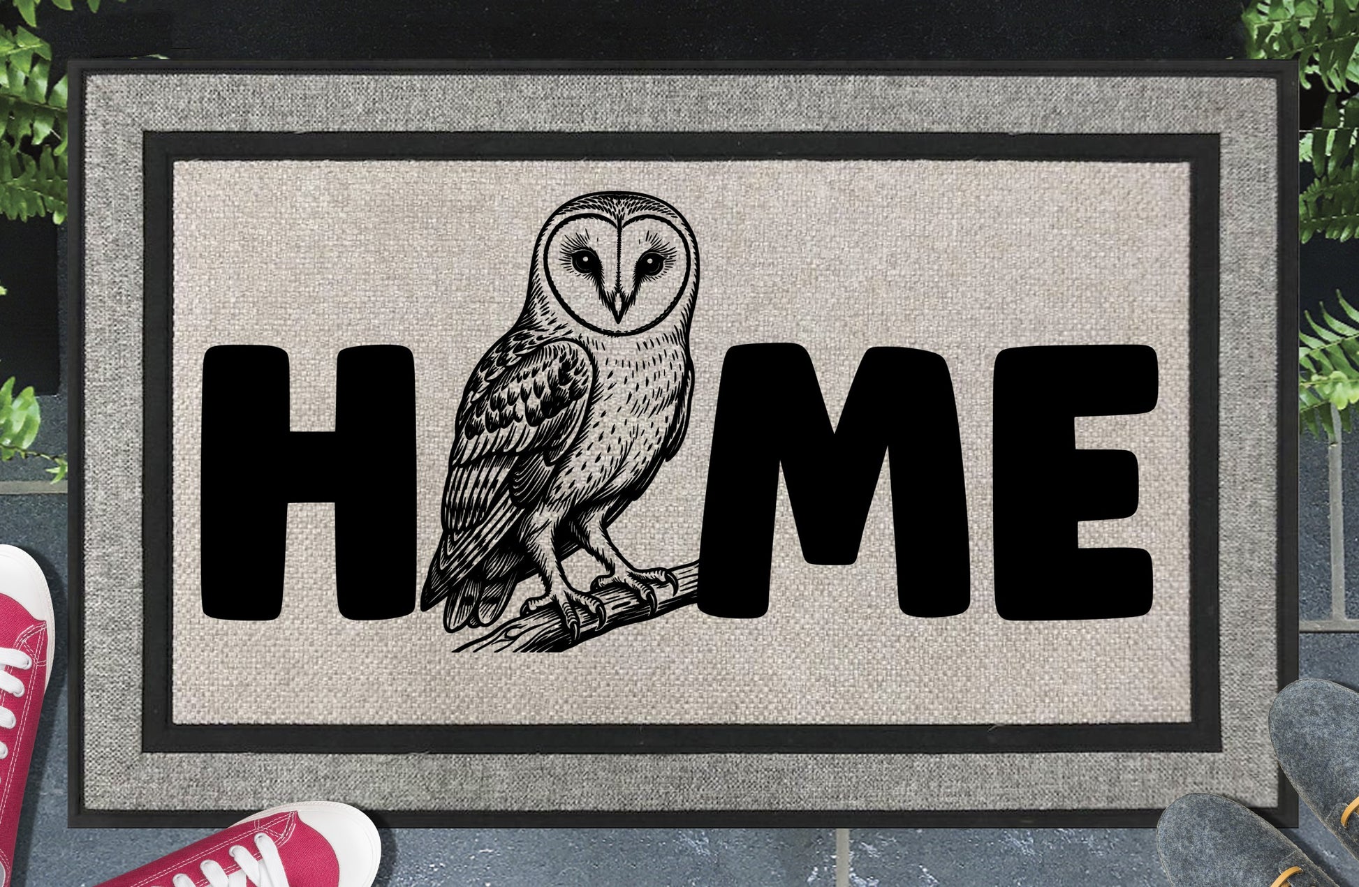 Barn Owl all-weather doormat in woven polyester — Barn Owl illustration replaces the letter O in HOME, linen-look finish, 18x30"