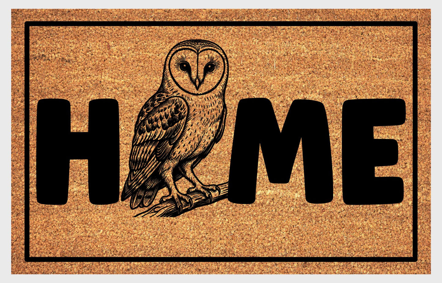 Barn Owl natural coir doormat — Barn Owl illustration replaces the letter O in HOME, textured coir fiber surface