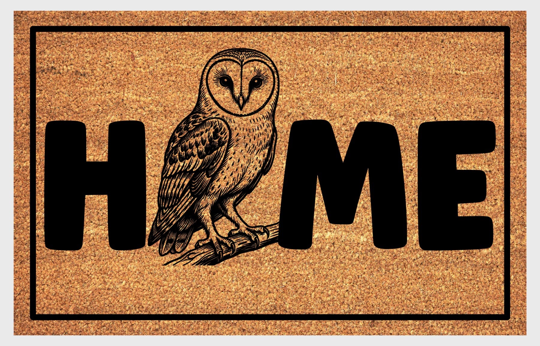 Barn Owl natural coir doormat — Barn Owl illustration replaces the letter O in HOME, textured coir fiber surface