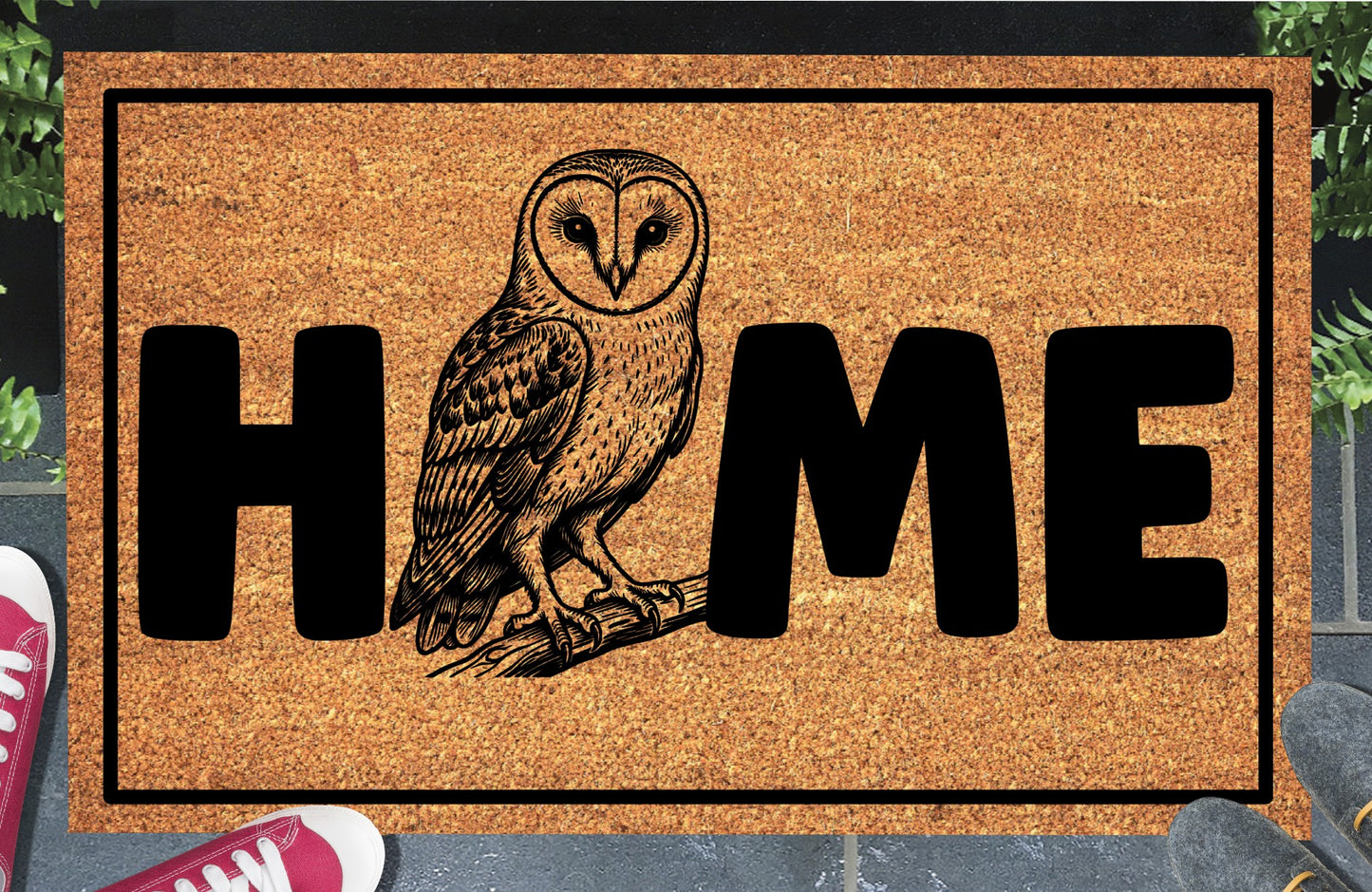 Barn Owl coir doormat styled at a front door entryway — Barn Owl illustration replaces the letter O in HOME