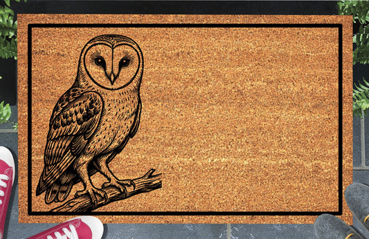 Barn owl peeking doormat in a home entryway — natural coir Ghost Owl welcome mat