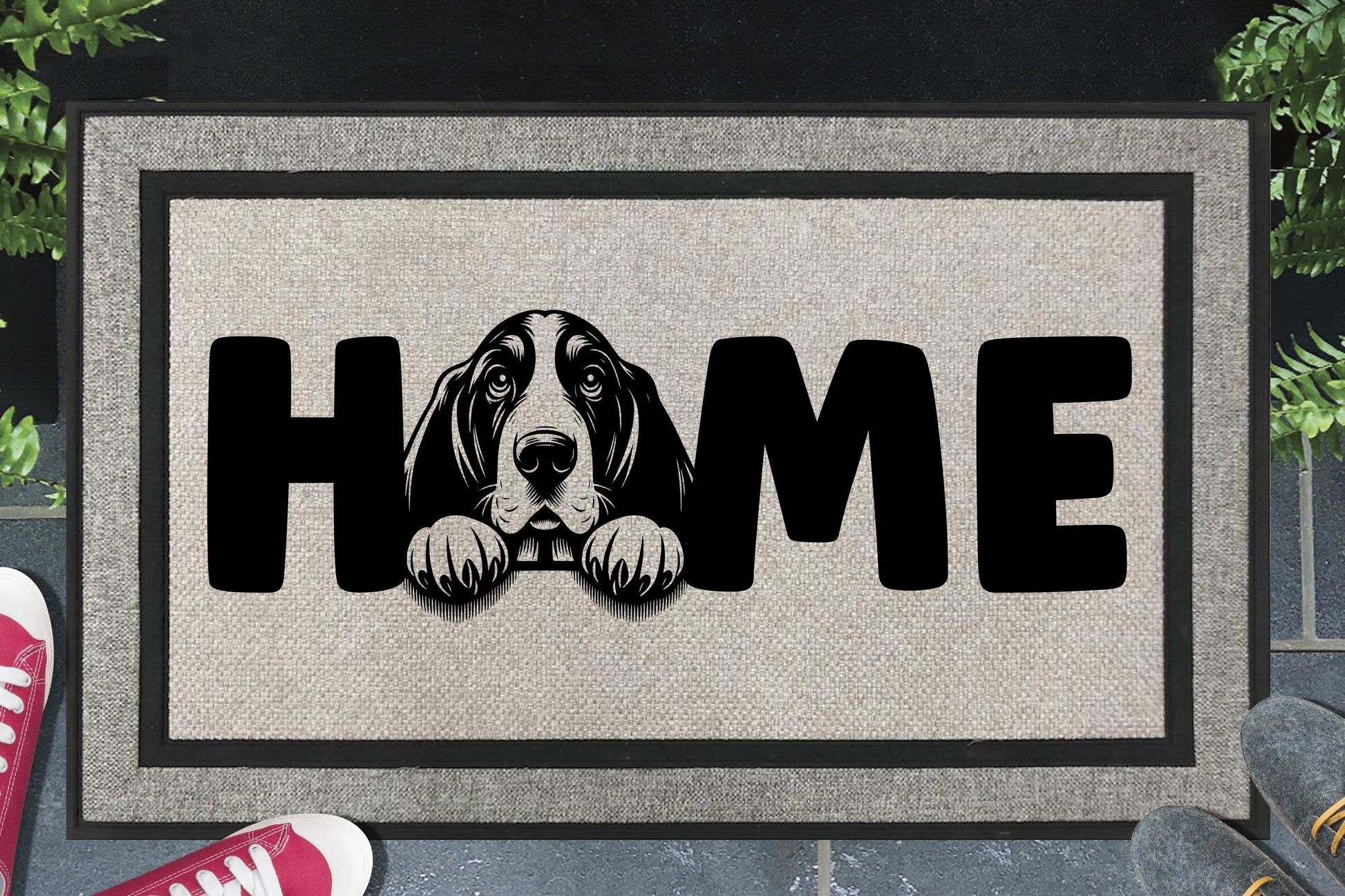 Basset Hound all-weather doormat with HOME O-replacement design — woven polyester welcome mat for Hush Puppy lovers