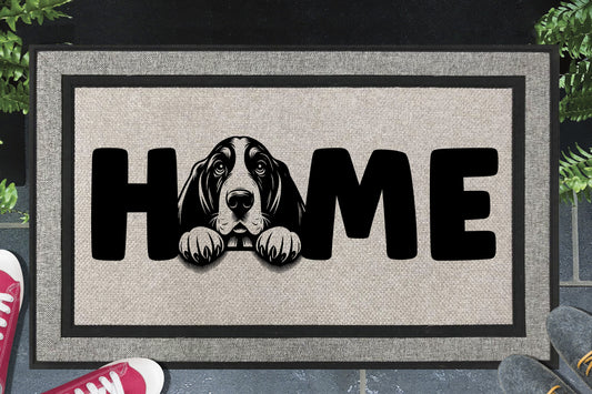 Basset Hound all-weather doormat with HOME O-replacement design — woven polyester welcome mat for Hush Puppy lovers