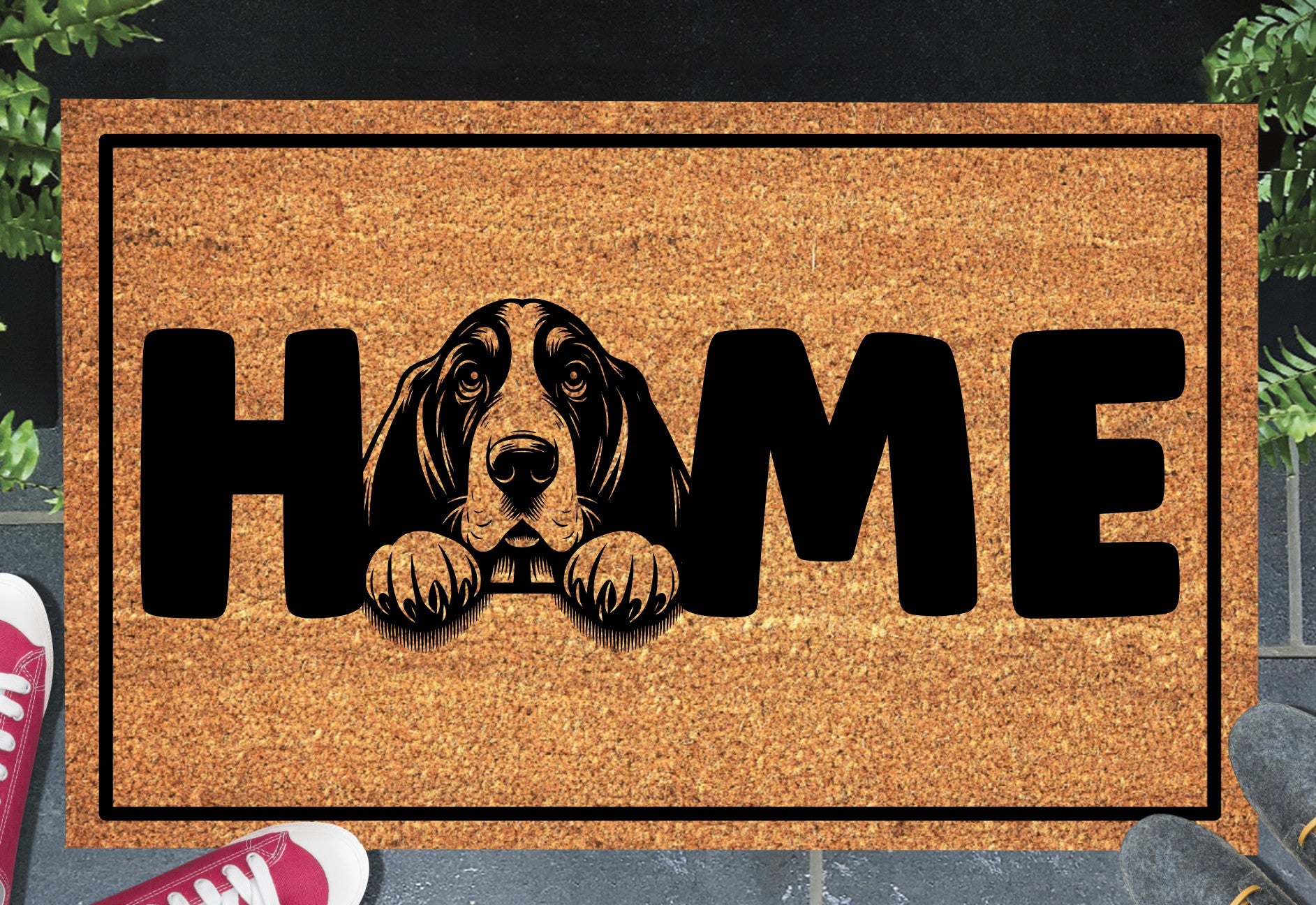 Basset Hound coir doormat with HOME O-replacement design — natural fibre welcome mat for Hush Puppy lovers