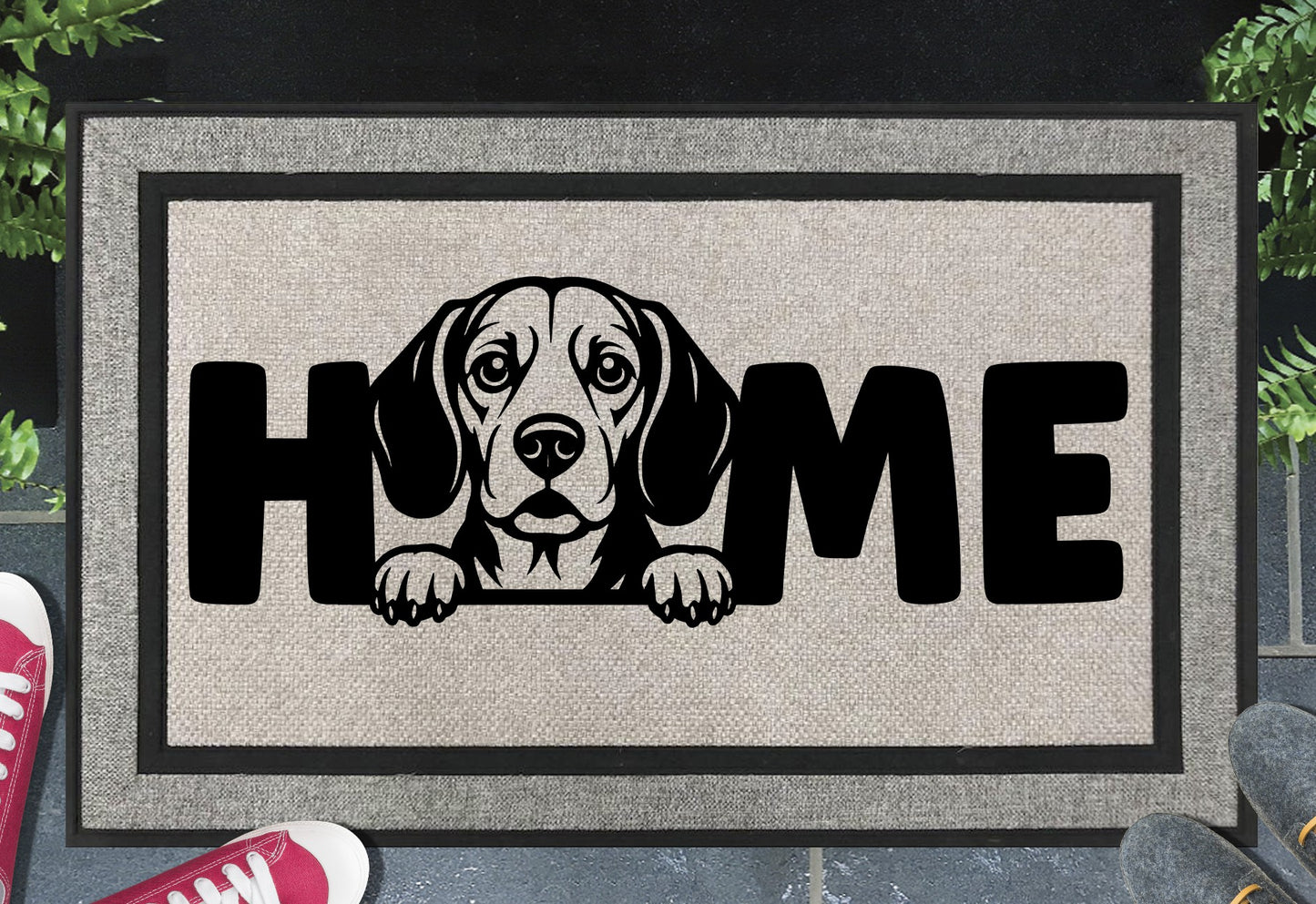 Beagle doormat with Beagle illustration replacing the letter O in HOME — all-weather woven polyester, 18x30