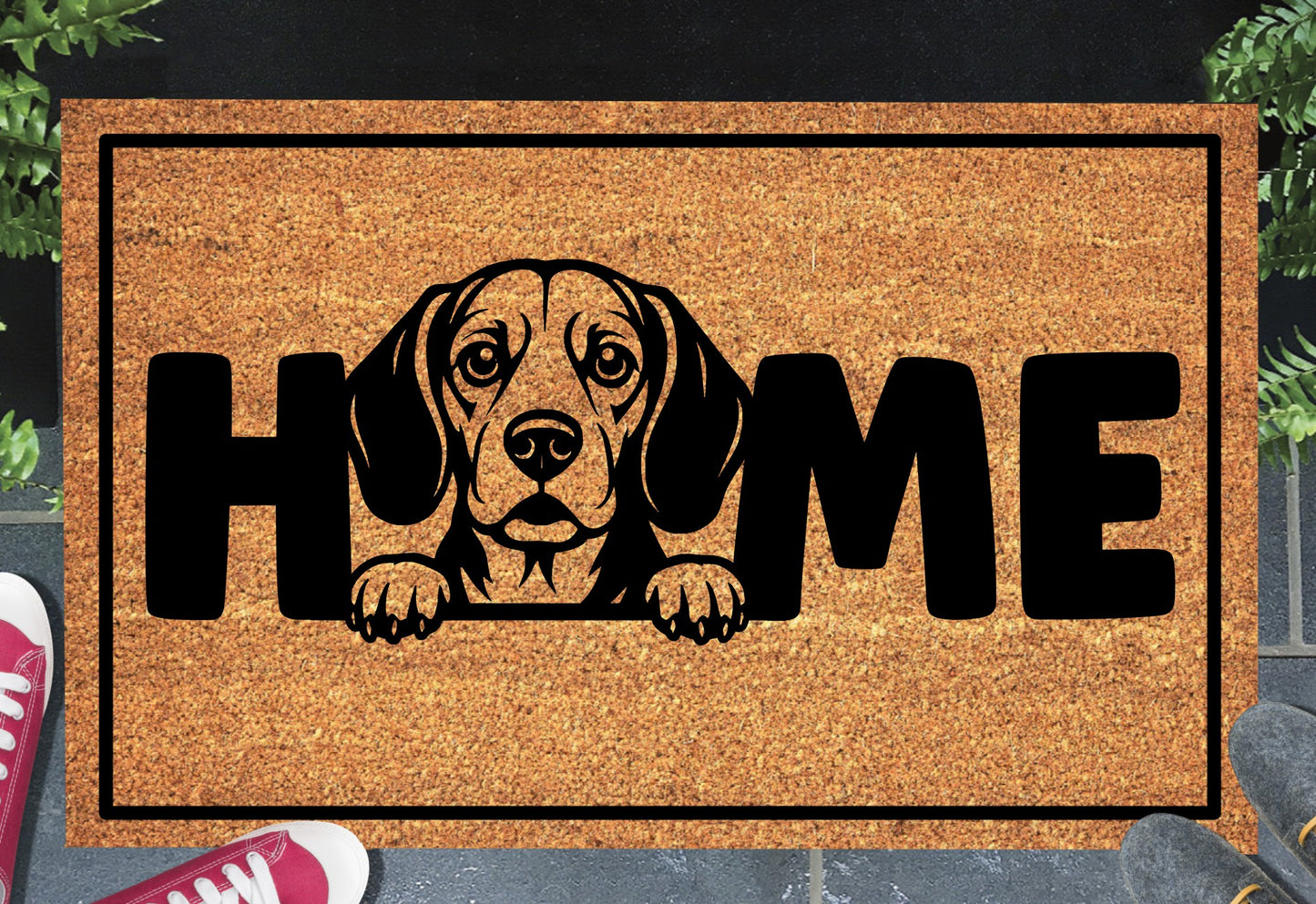 Beagle coir doormat with Beagle illustration replacing the letter O in HOME — natural coconut fiber