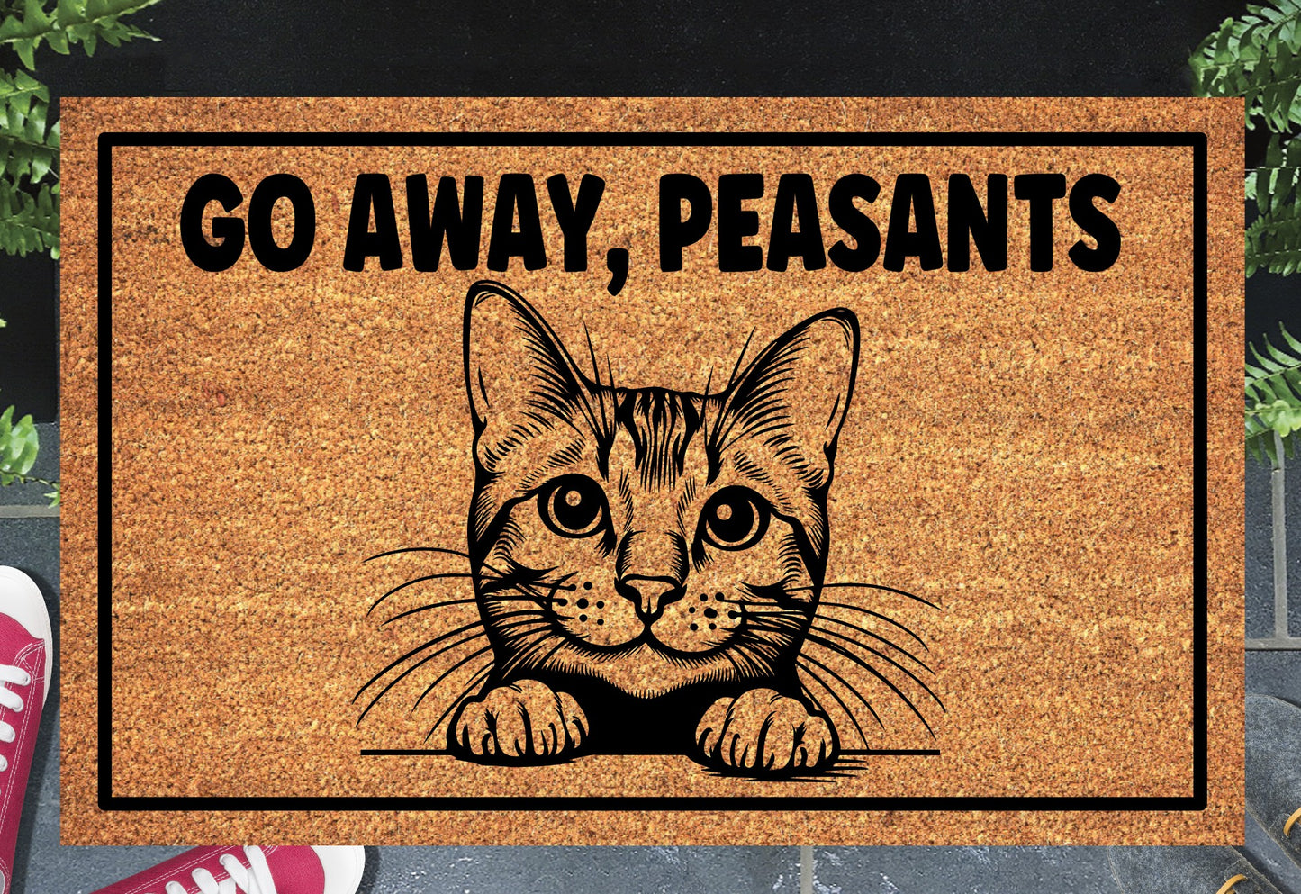 Go Away Peasants doormat at front door - funny cat welcome mat