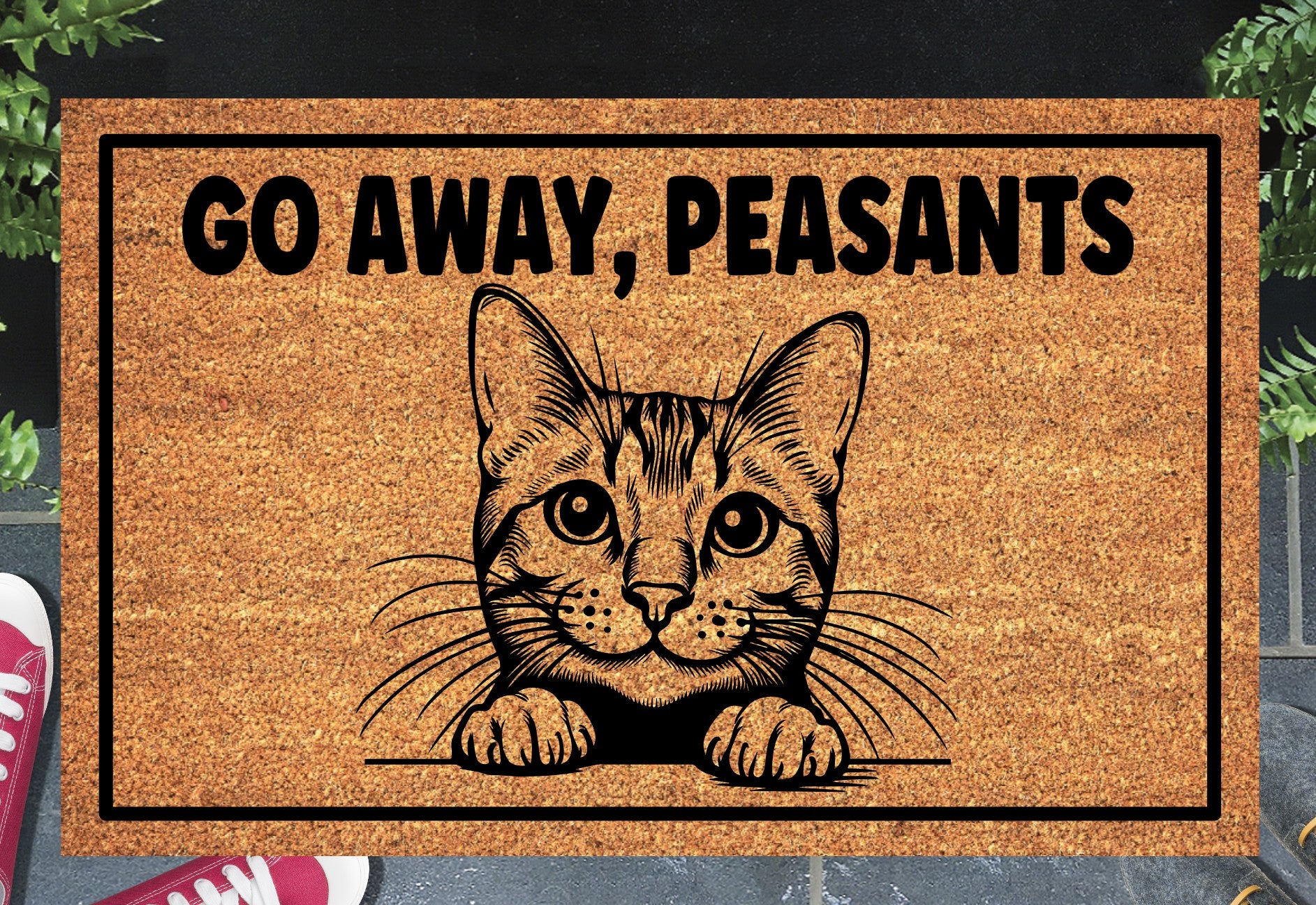 Go Away Peasants doormat at front door - funny cat welcome mat