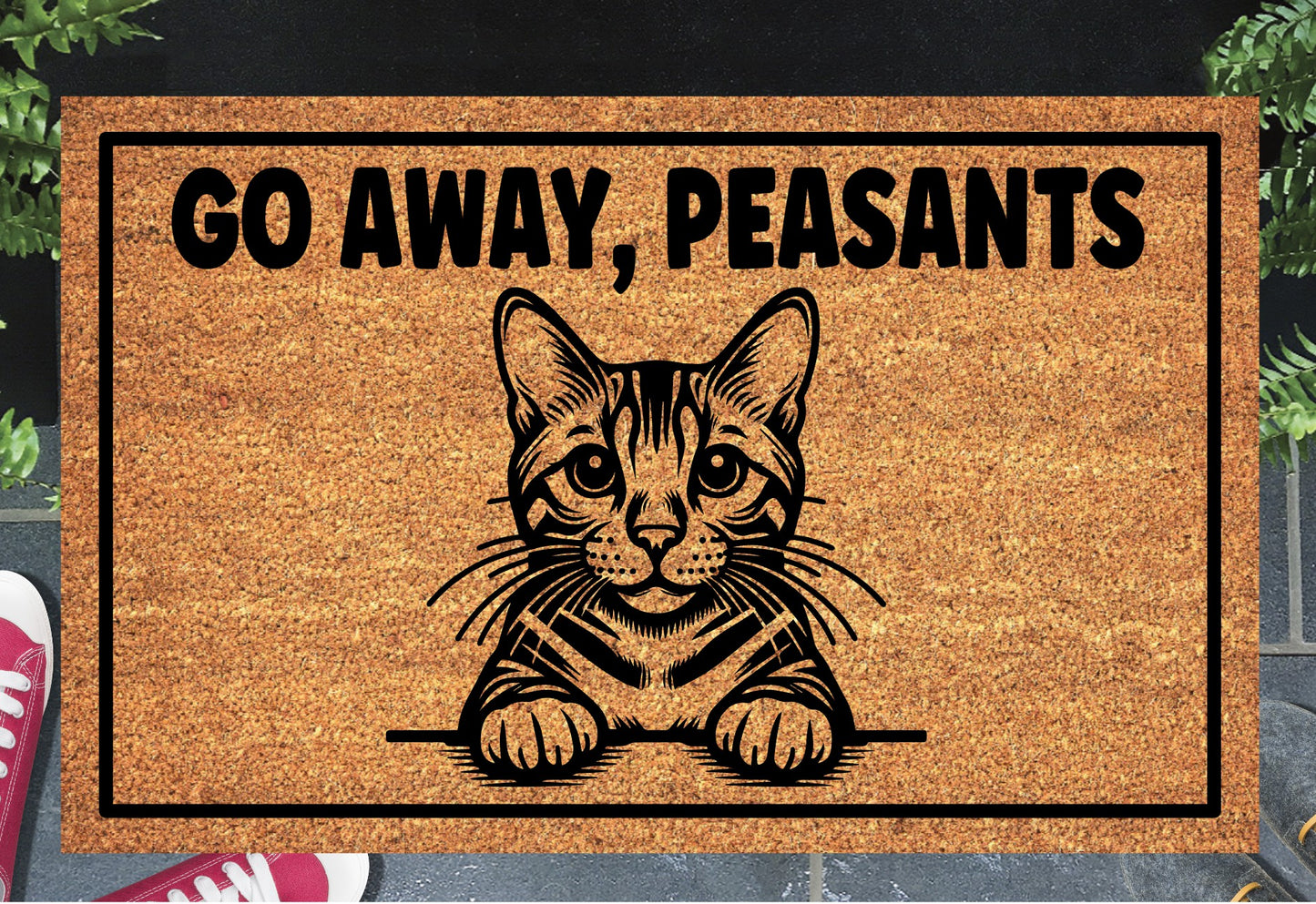 Bengal Cat Go Away Peasants coir doormat at front door - funny cat welcome mat