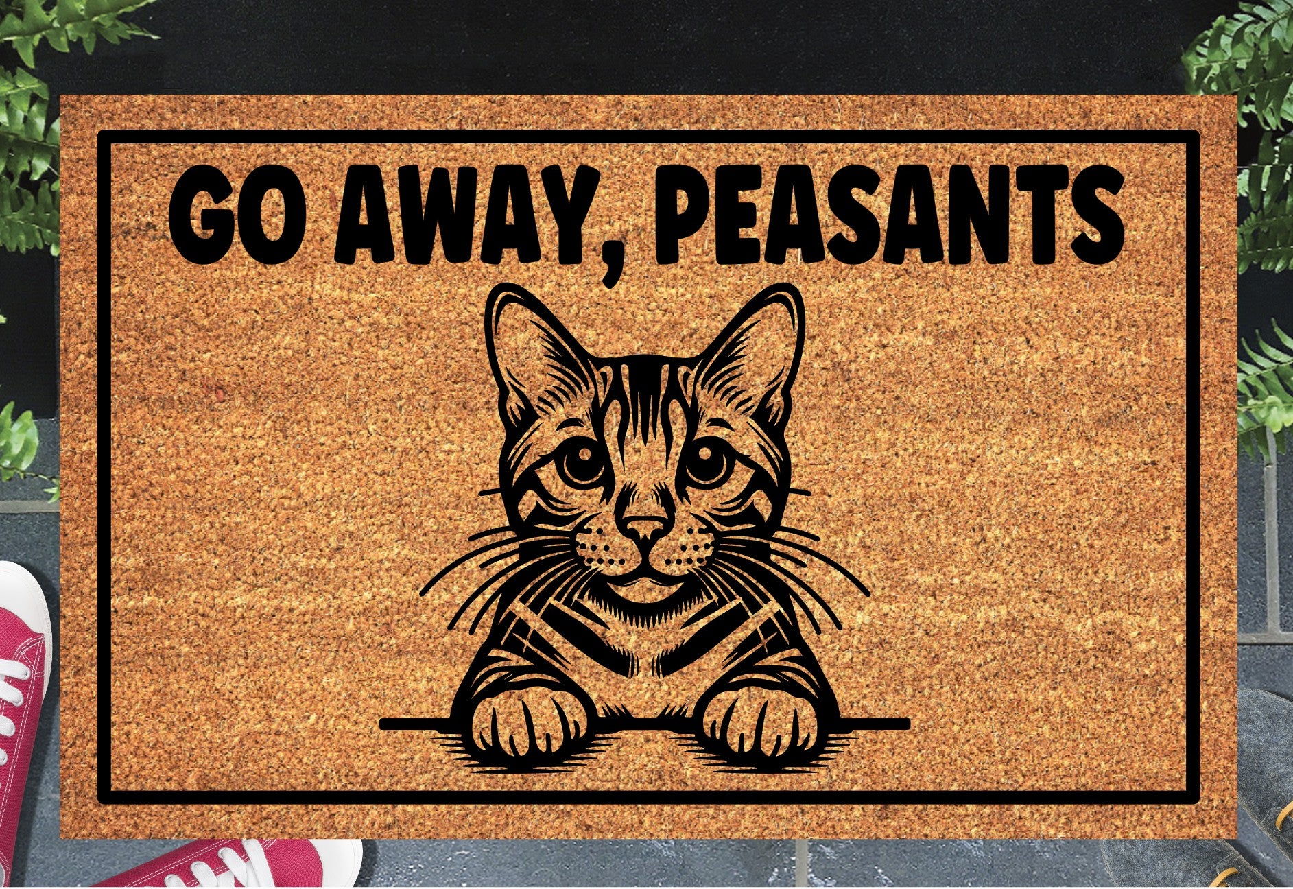 Bengal Cat Go Away Peasants coir doormat at front door - funny cat welcome mat