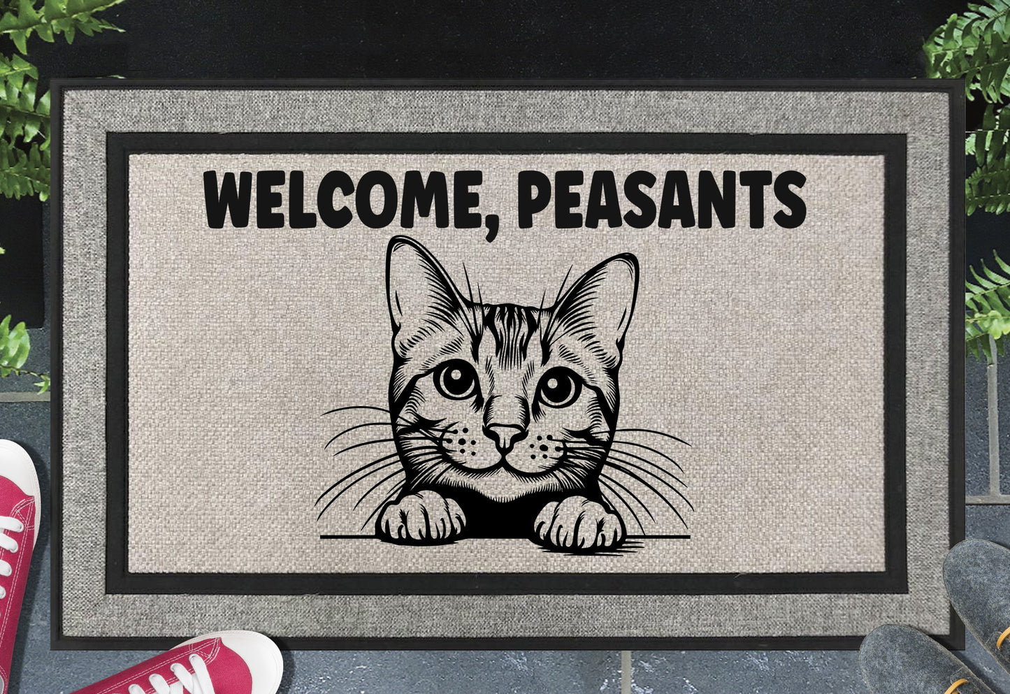 Bengal Cat Welcome Peasants all-weather doormat #1 — House Leopard design on woven polyester, non-slip backing, 18x30 inches