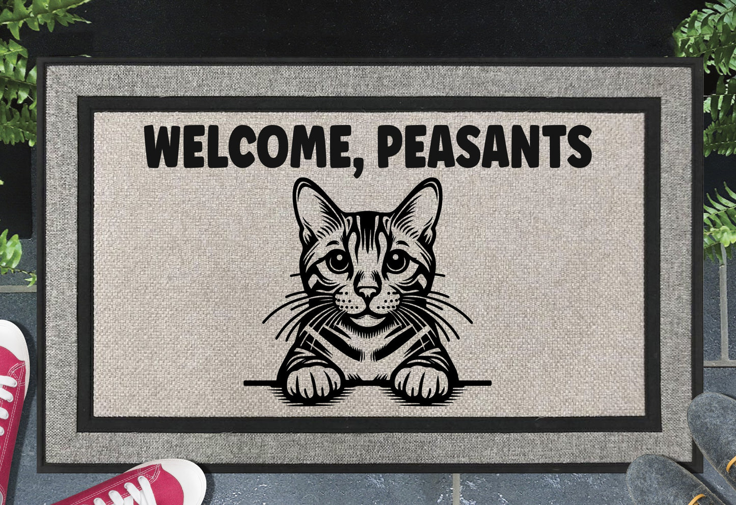 Bengal Cat Welcome Peasants all-weather doormat #3 — Benny design on woven polyester, non-slip backing, 18x30 inches
