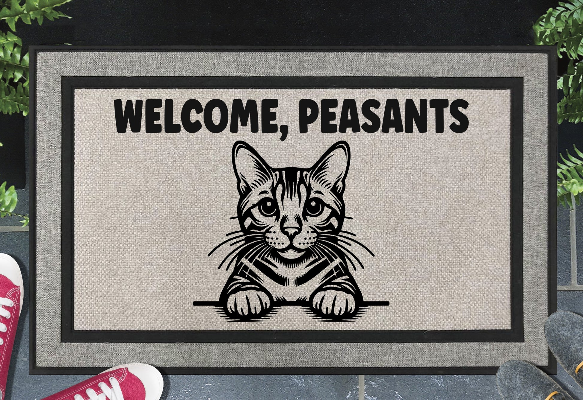 Bengal Cat Welcome Peasants all-weather doormat #3 — Benny design on woven polyester, non-slip backing, 18x30 inches