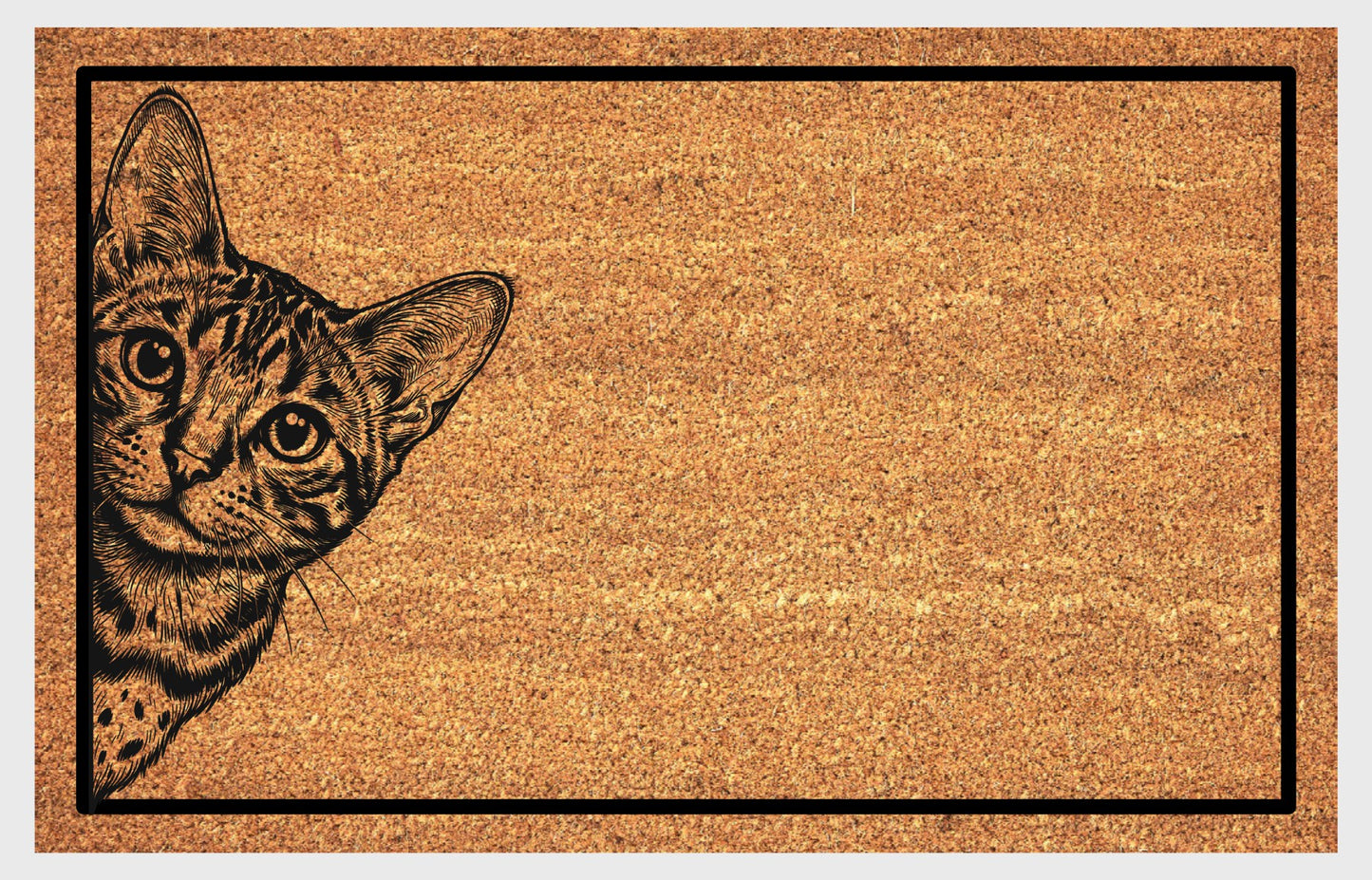 Bengal cat peeking coir doormat — leopard-spotted Bengal cat peeping design