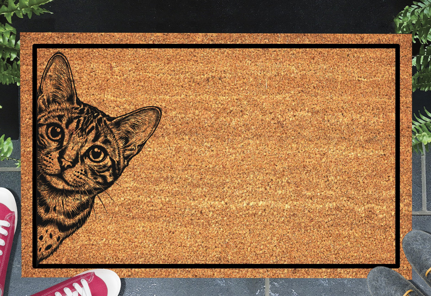 Bengal cat peeking doormat in a doorway setting — natural coir welcome mat