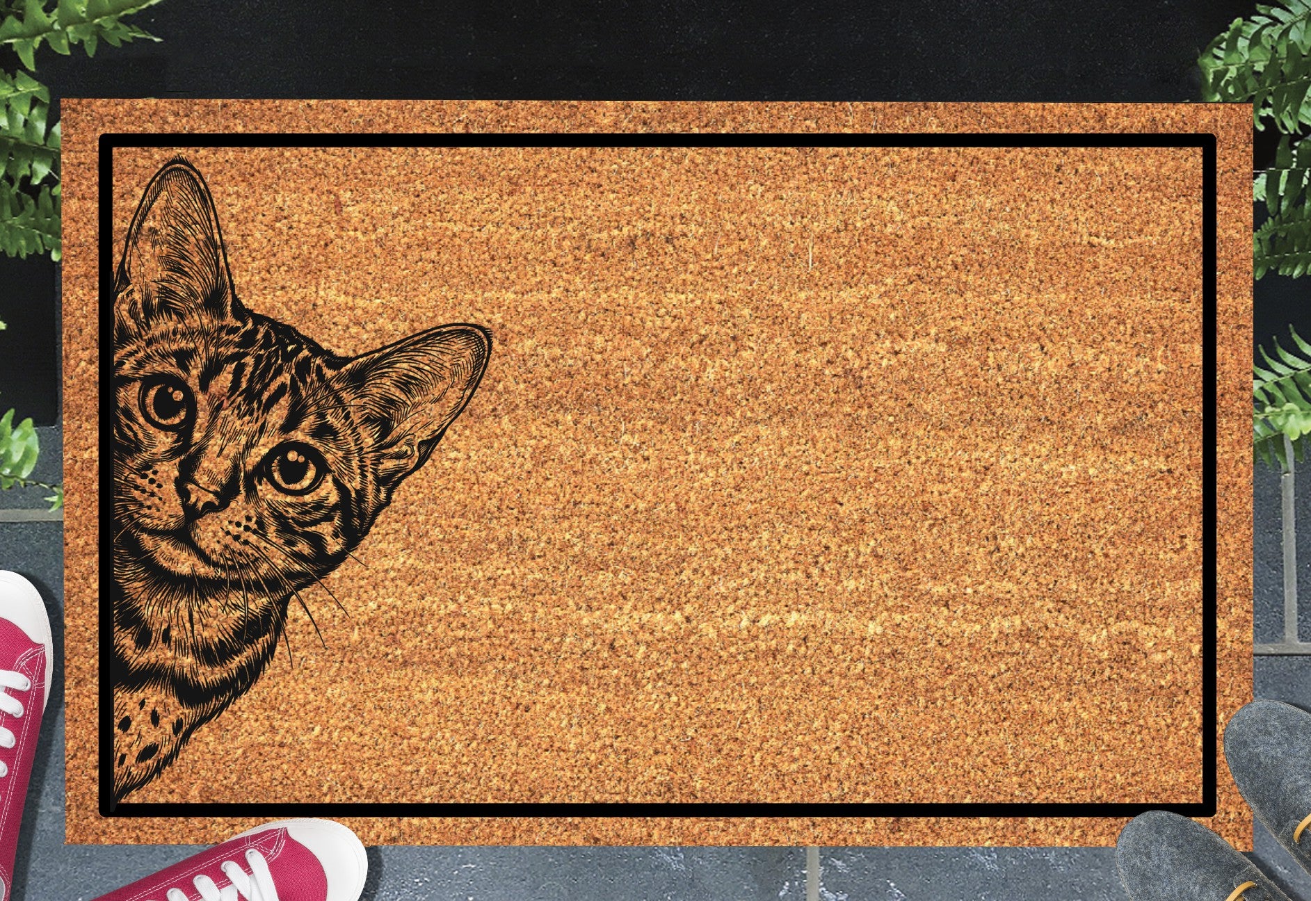 Bengal cat peeking doormat in a doorway setting — natural coir welcome mat